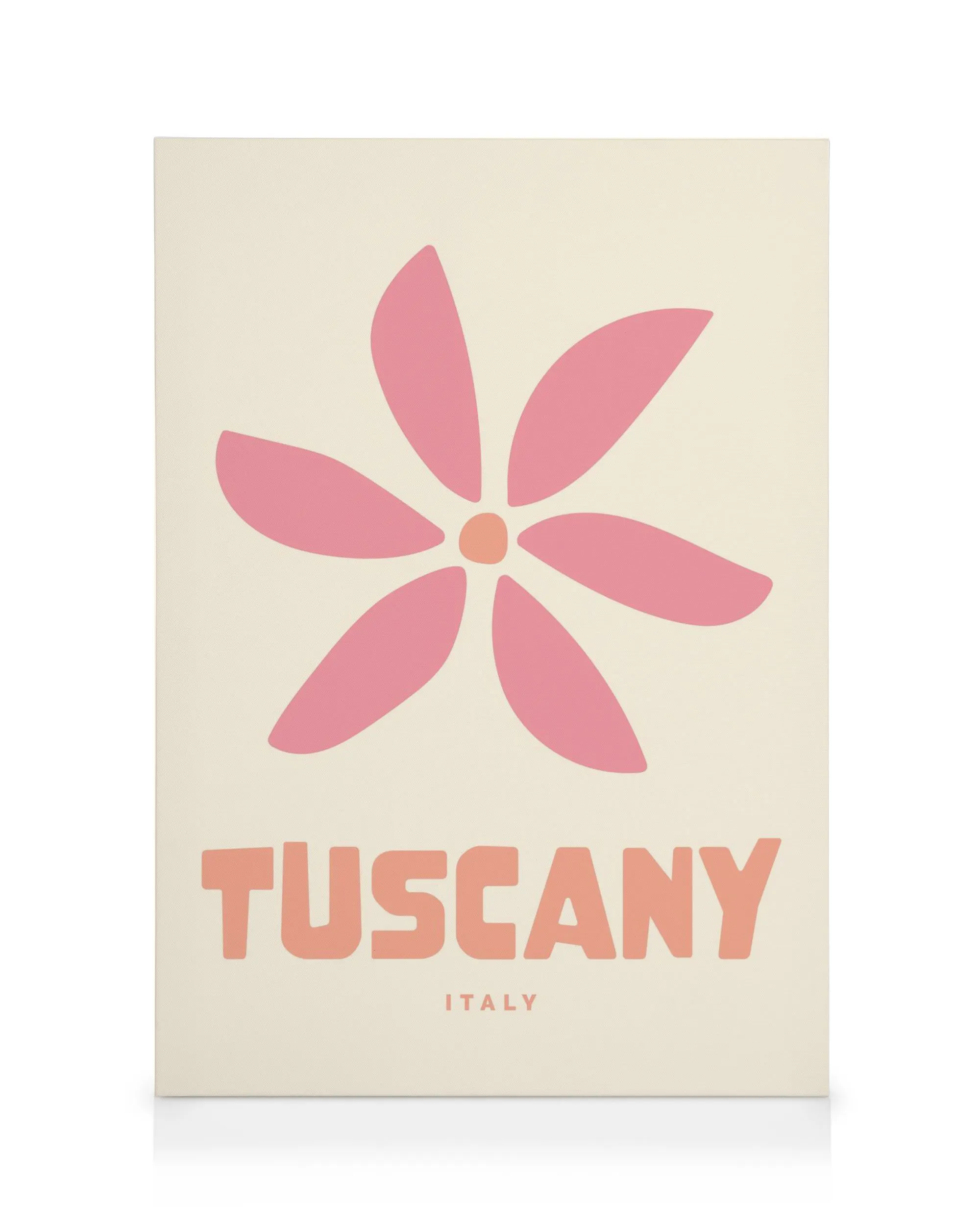 Grafický obraz na plátně s růžovou kvetoucí květinou a nápisem Tuscany Italy