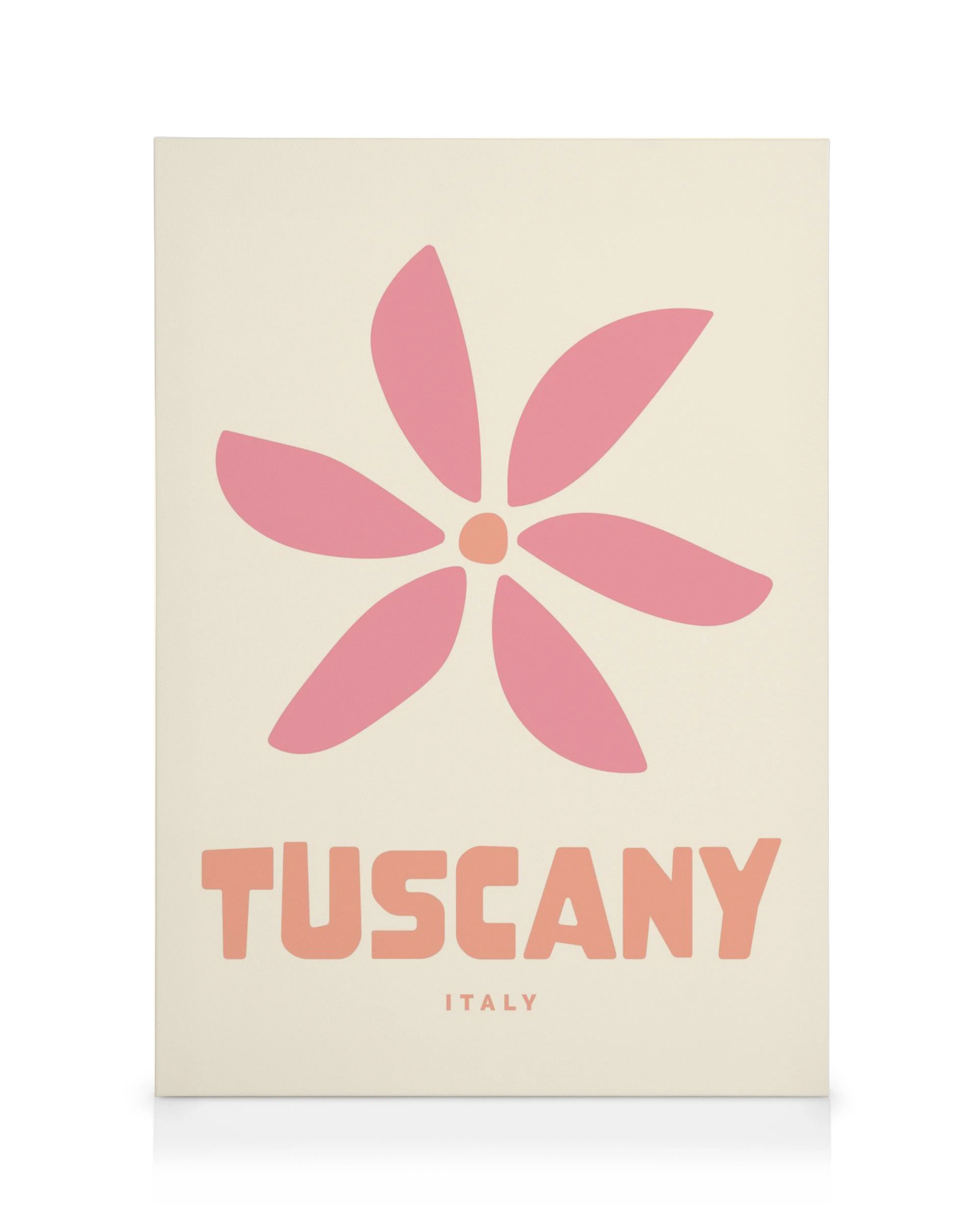 Grafický obraz na plátně s růžovou kvetoucí květinou a nápisem Tuscany Italy
