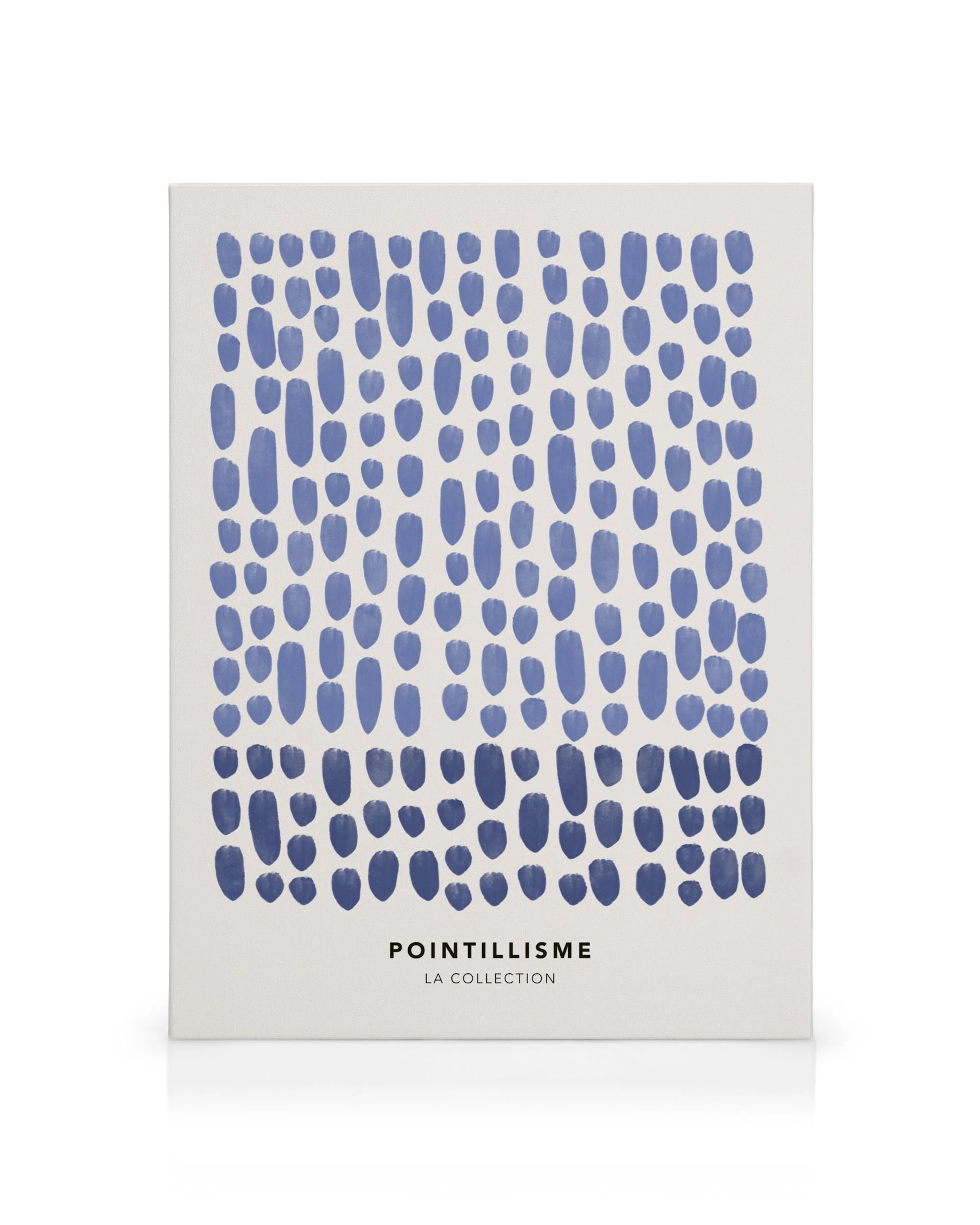 Leinwandbild mit blauen, ovalen Punkten auf weißem Hintergrund, Pointillisme La Collection unten.