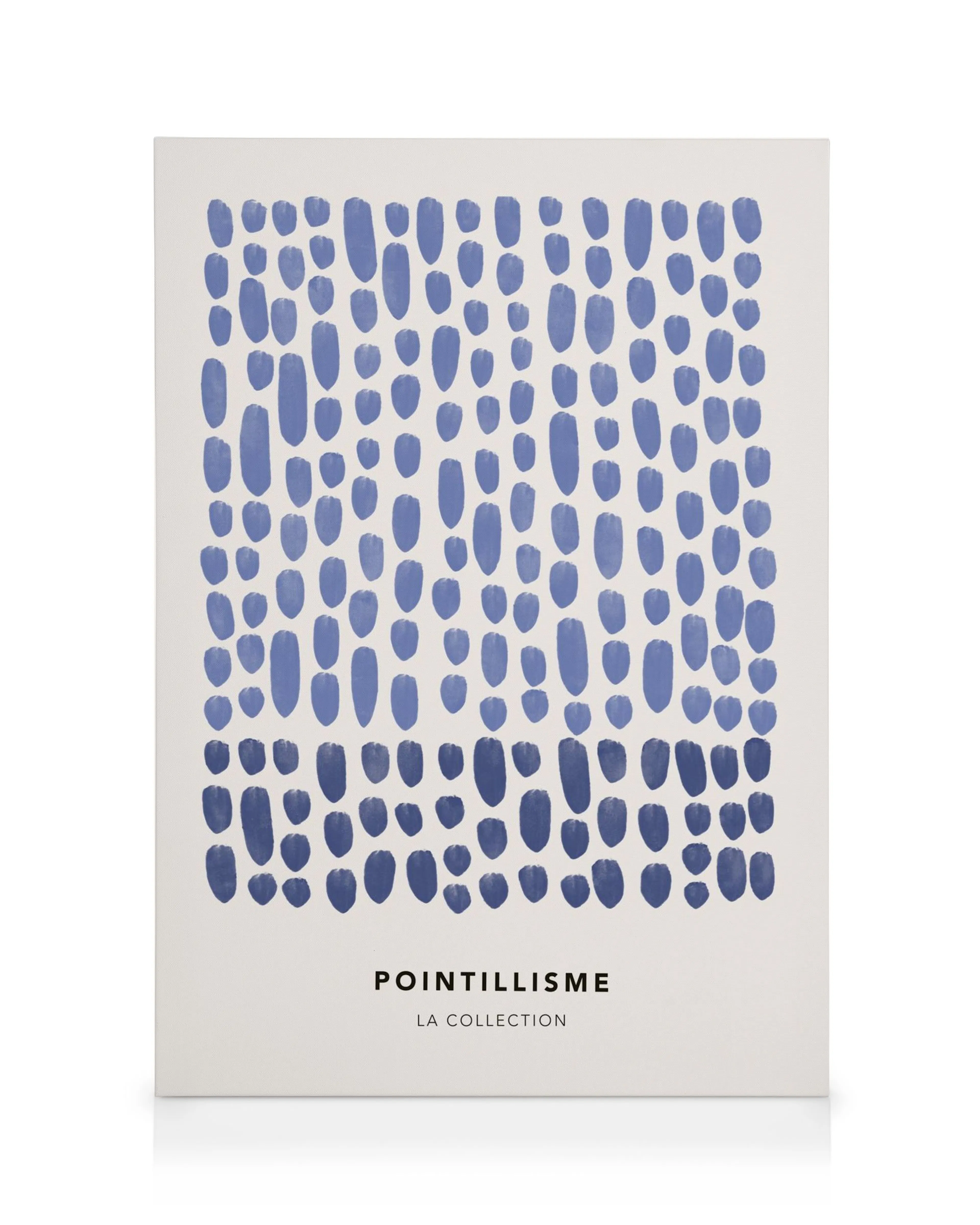 Obraz na płótnie z owalnymi kształtami w odcieniach niebieskiego, z napisem Pointillisme La Collection.