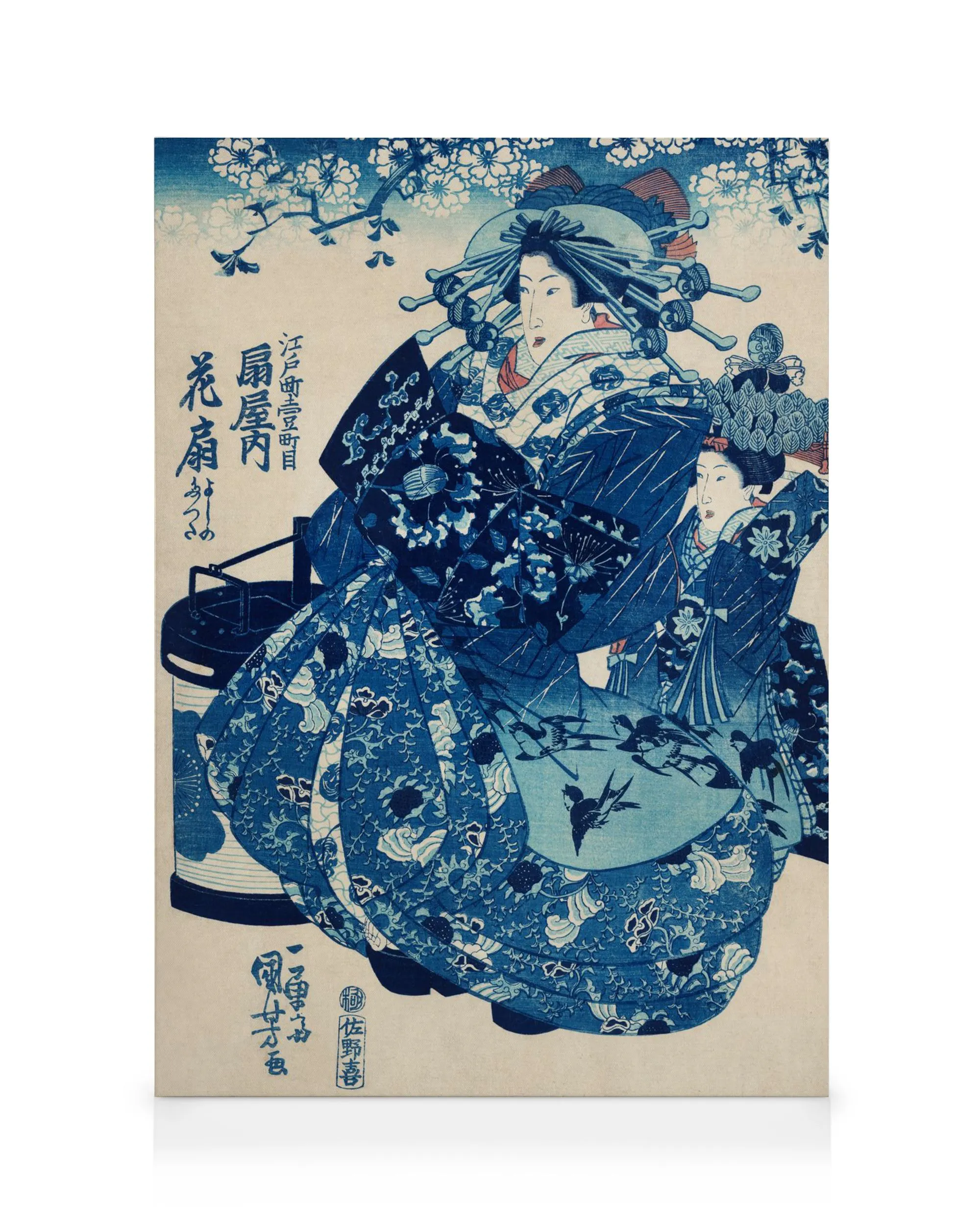 Stampa ukiyo-e giapponese di Utagawa Kuniyoshi, due donne in kimono blu e bianco con motivi floreali.