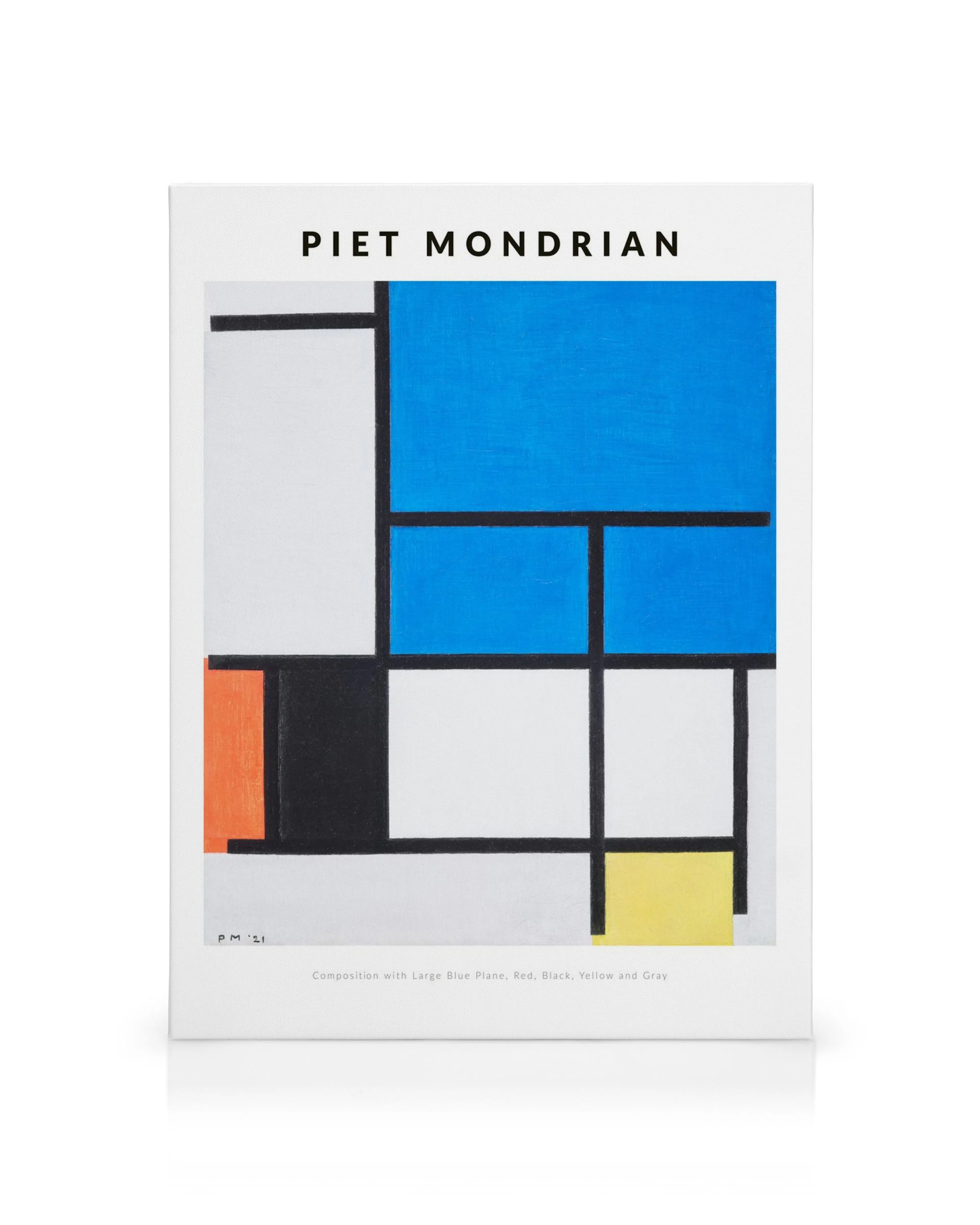 Piet Mondrianin geometrinen kanvaasi, jossa mustat viivat jakavat alueita valkoiseksi, siniseksi, oranssiksi ja keltaiseksi.