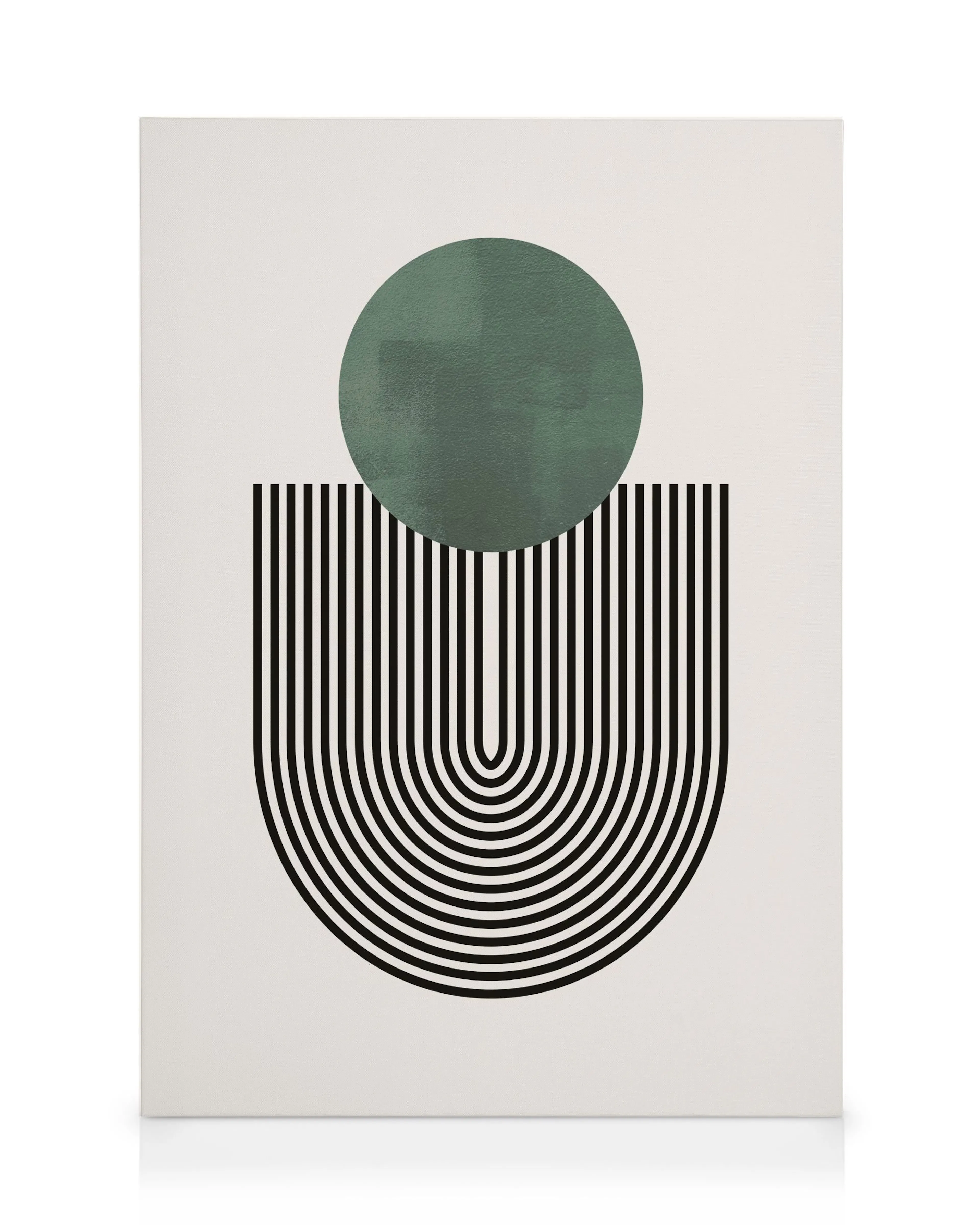 Mid Century Green No1 canvas print, geometric art in beige, black lines, and a green painted circle, modern design.