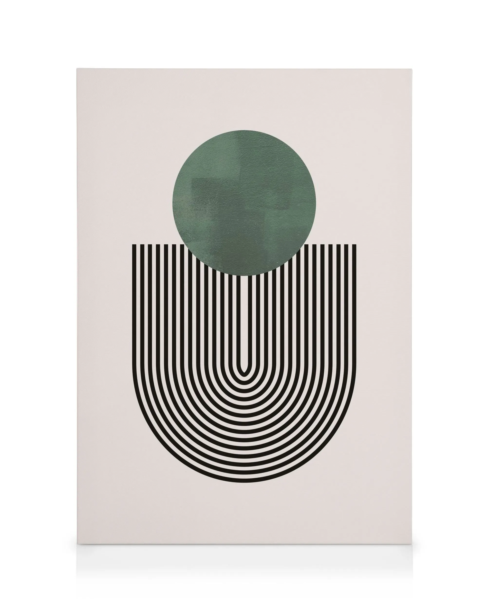 Mid Century Green No1 canvas print, a green circle above curving black vertical lines on a light grey background.