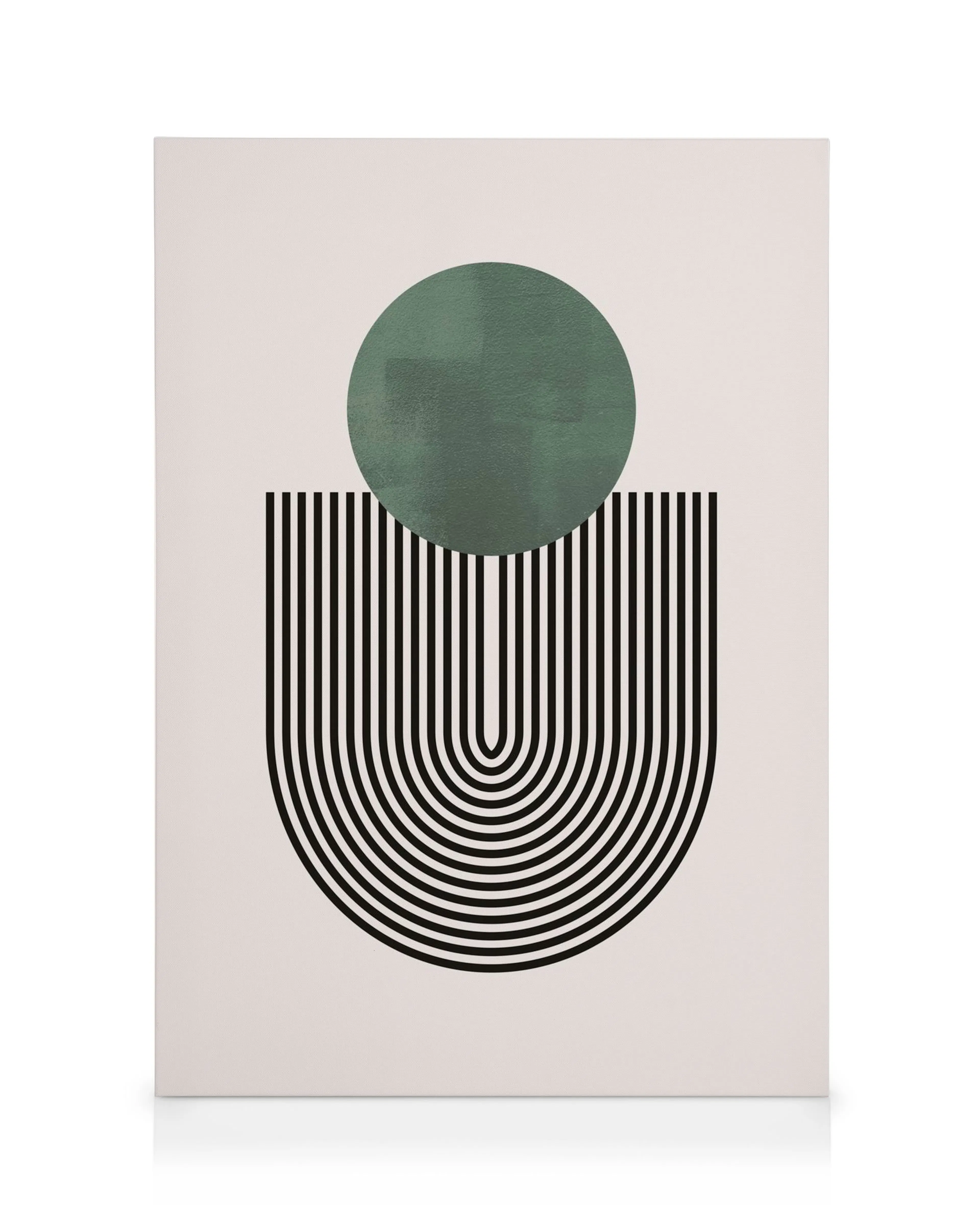 Mid Century Green No1 canvas print, a green circle above curving black lines on a light background.