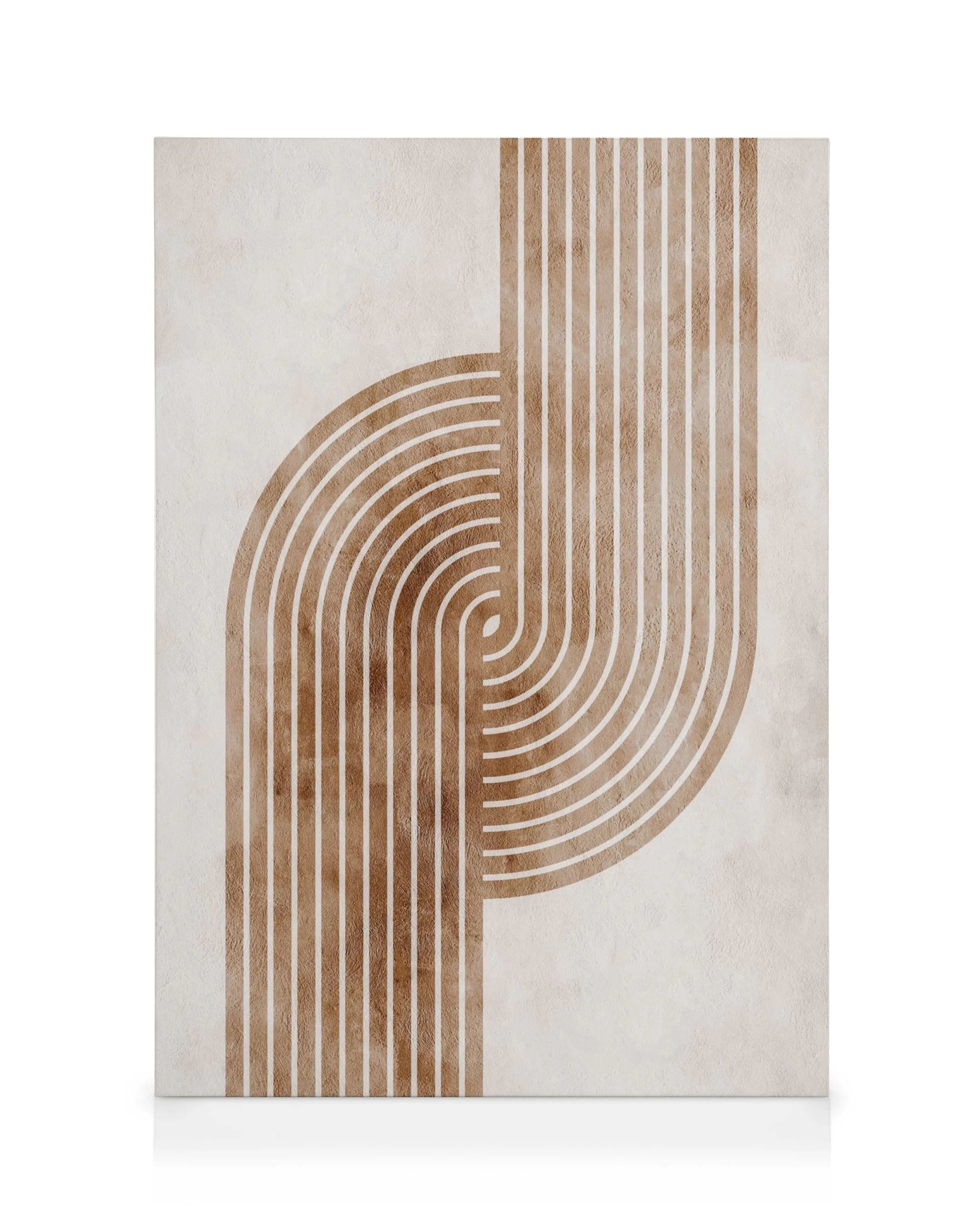 Lienzo minimalista: arcos curvos marrones entrelazados sobre fondo beige, creando patrón y profundidad. Arte mural.