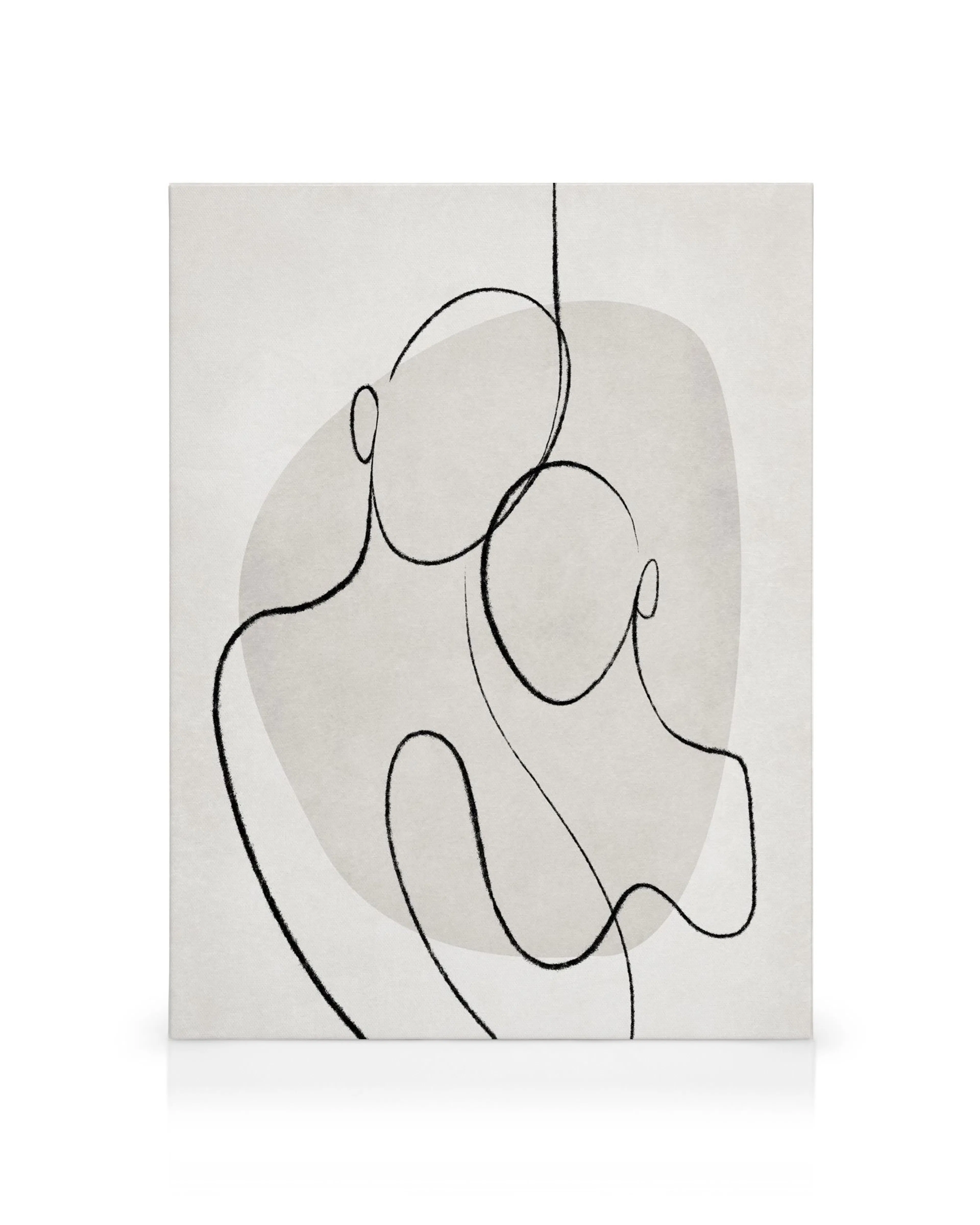 Abstract canvas met twee figuren uit één lijn, die elkaar omhelzen tegen een grijze en witte achtergrond.