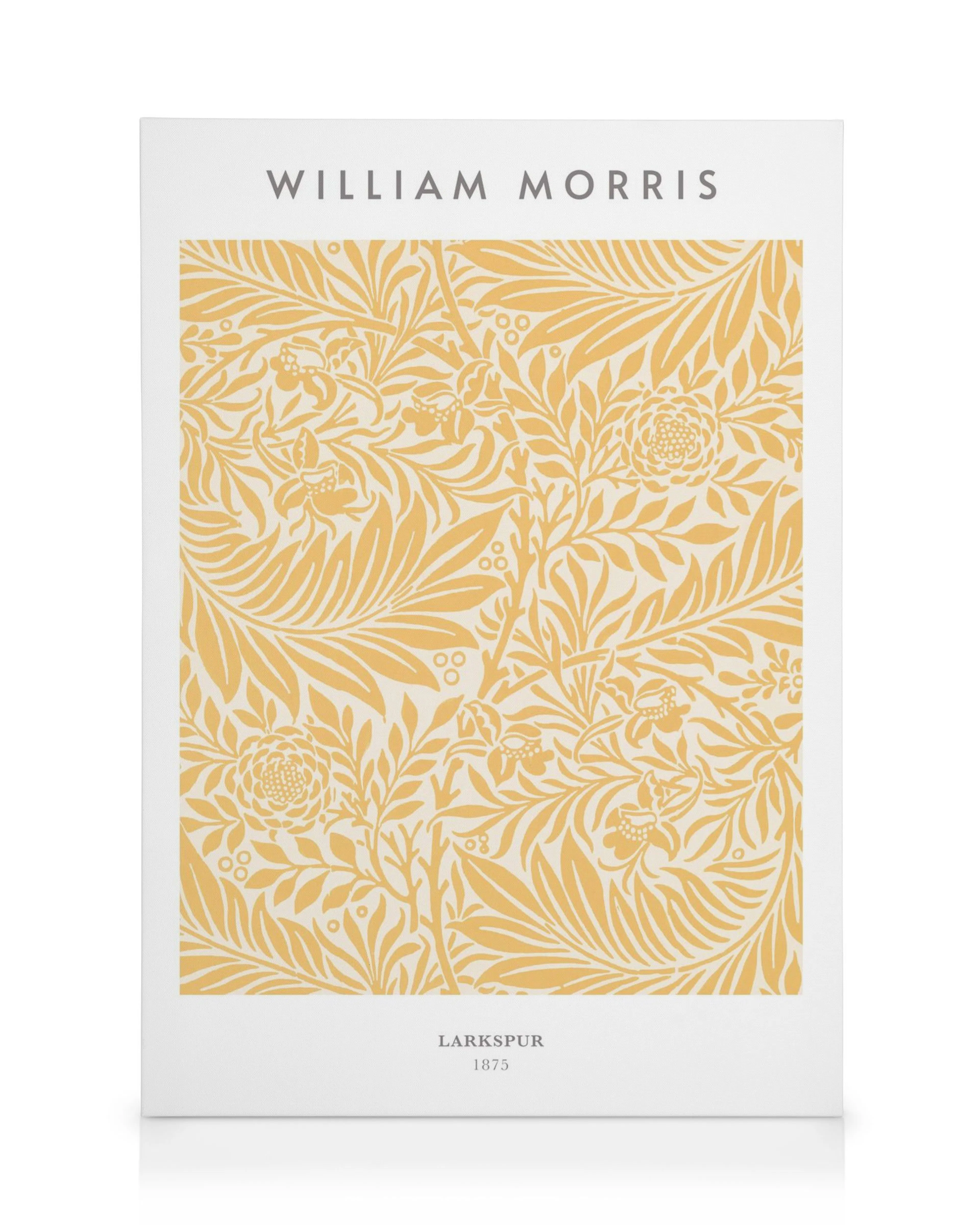 William Morris Larkspur No3 Leinwandbild: Gelbes Blumenmuster mit Blättern und Beeren auf beigem Hintergrund, Kunsthandwerk Desi