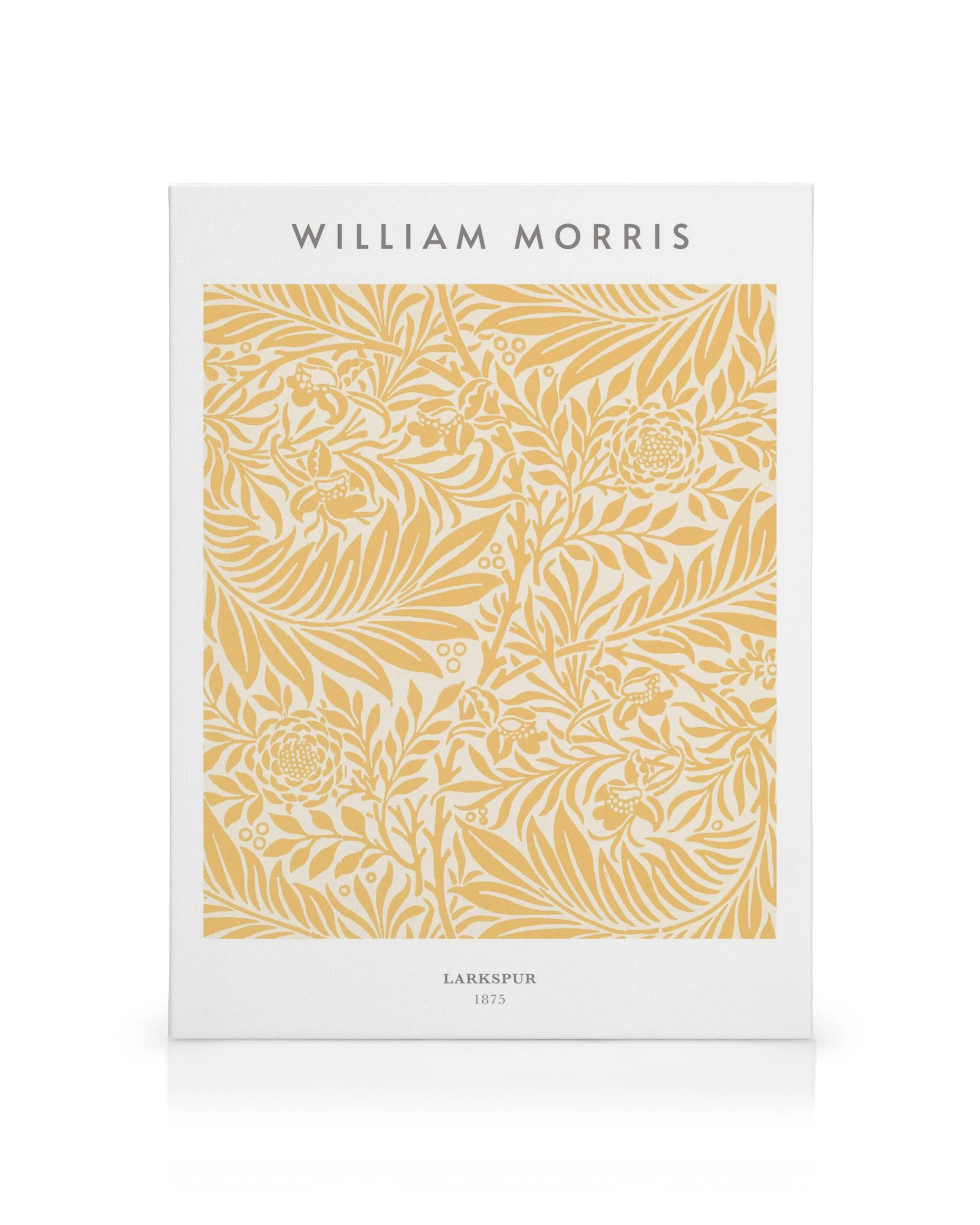 Leinwand mit William Morris Larkspur Muster, goldgelbe Pflanzen und Blumen auf hellem Hintergrund