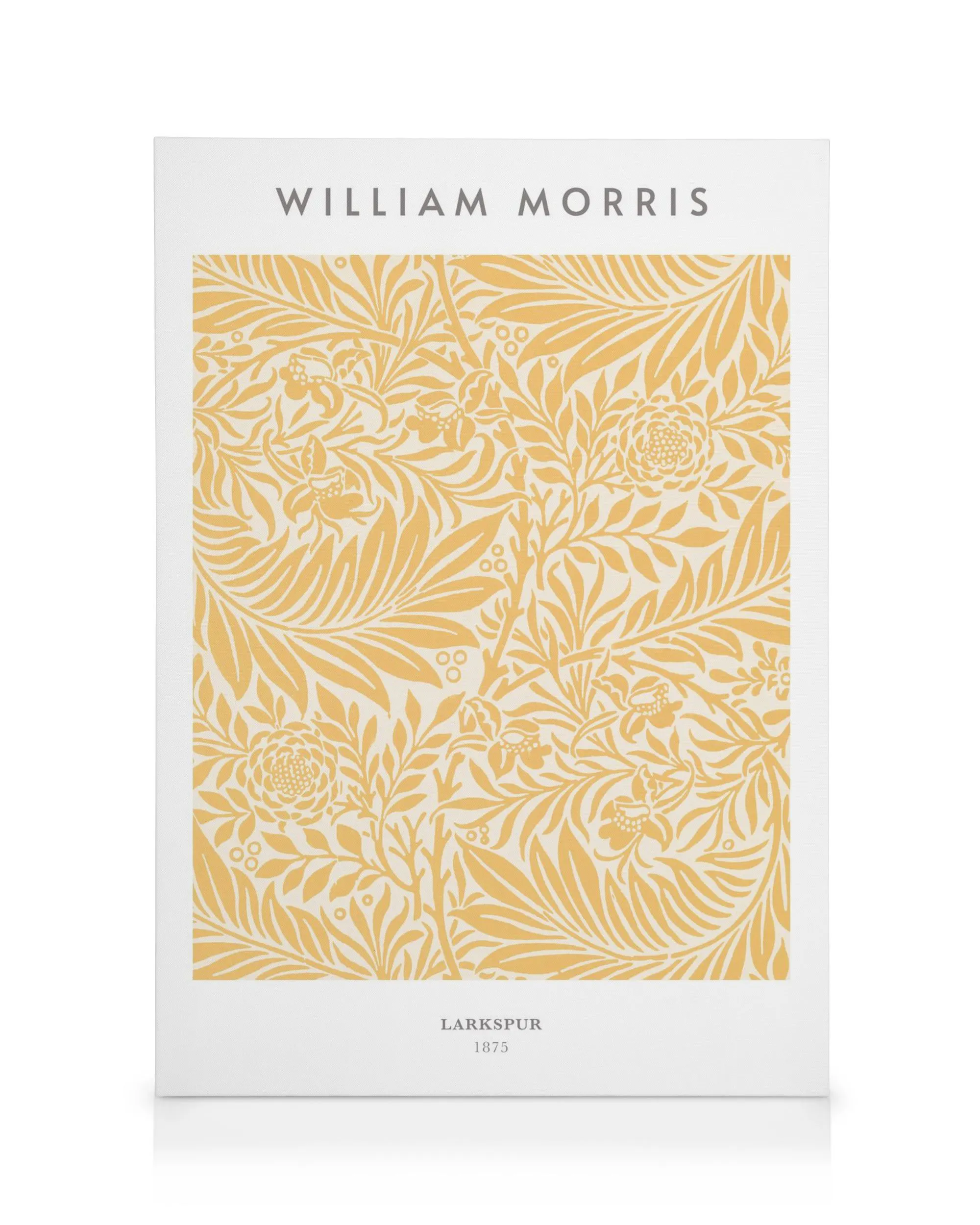 William Morris Larkspur No3 Leinwandbild: Gelbes Blumenmuster mit Blättern und Beeren auf beigem Hintergrund, Kunsthandwerk Desi