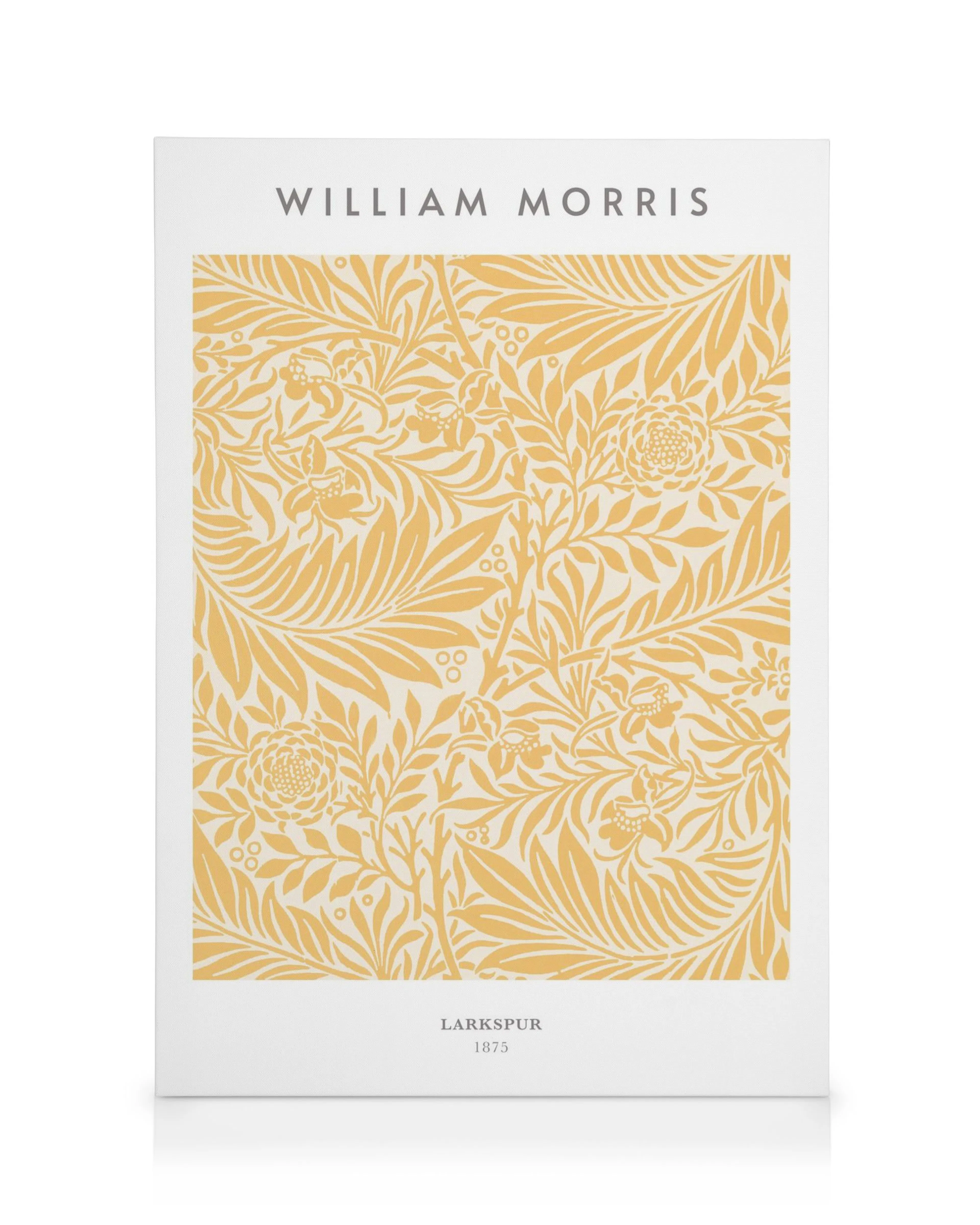 William Morris Larkspur No3 Leinwandbild: Gelbes Blumenmuster mit Blättern und Beeren auf beigem Hintergrund, Kunsthandwerk Desi