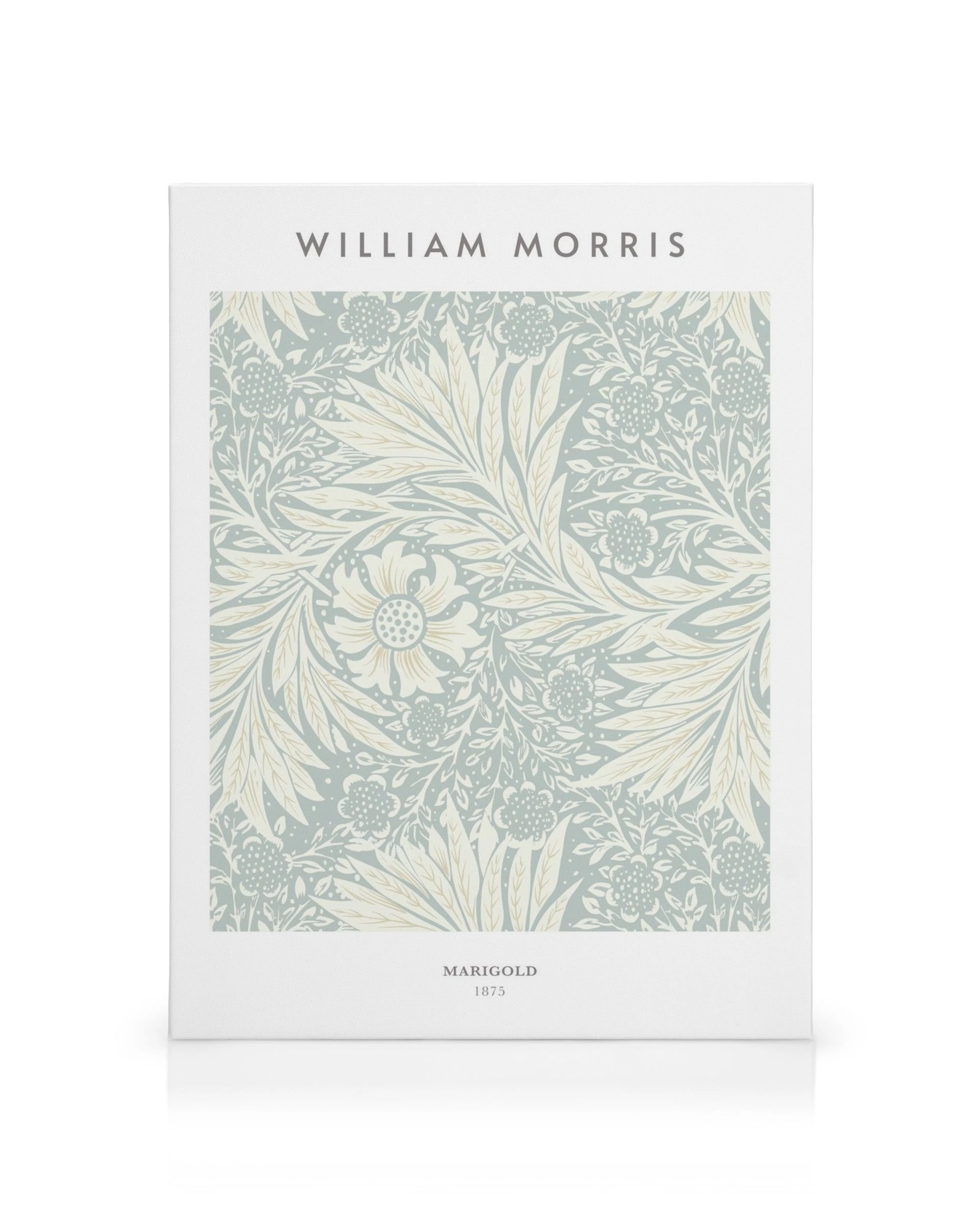 William Morris Marigold No2 -kanvaasi, jossa on mintunvihreä tausta ja valkoisia, keltaisia kukkia sekä lehtiä