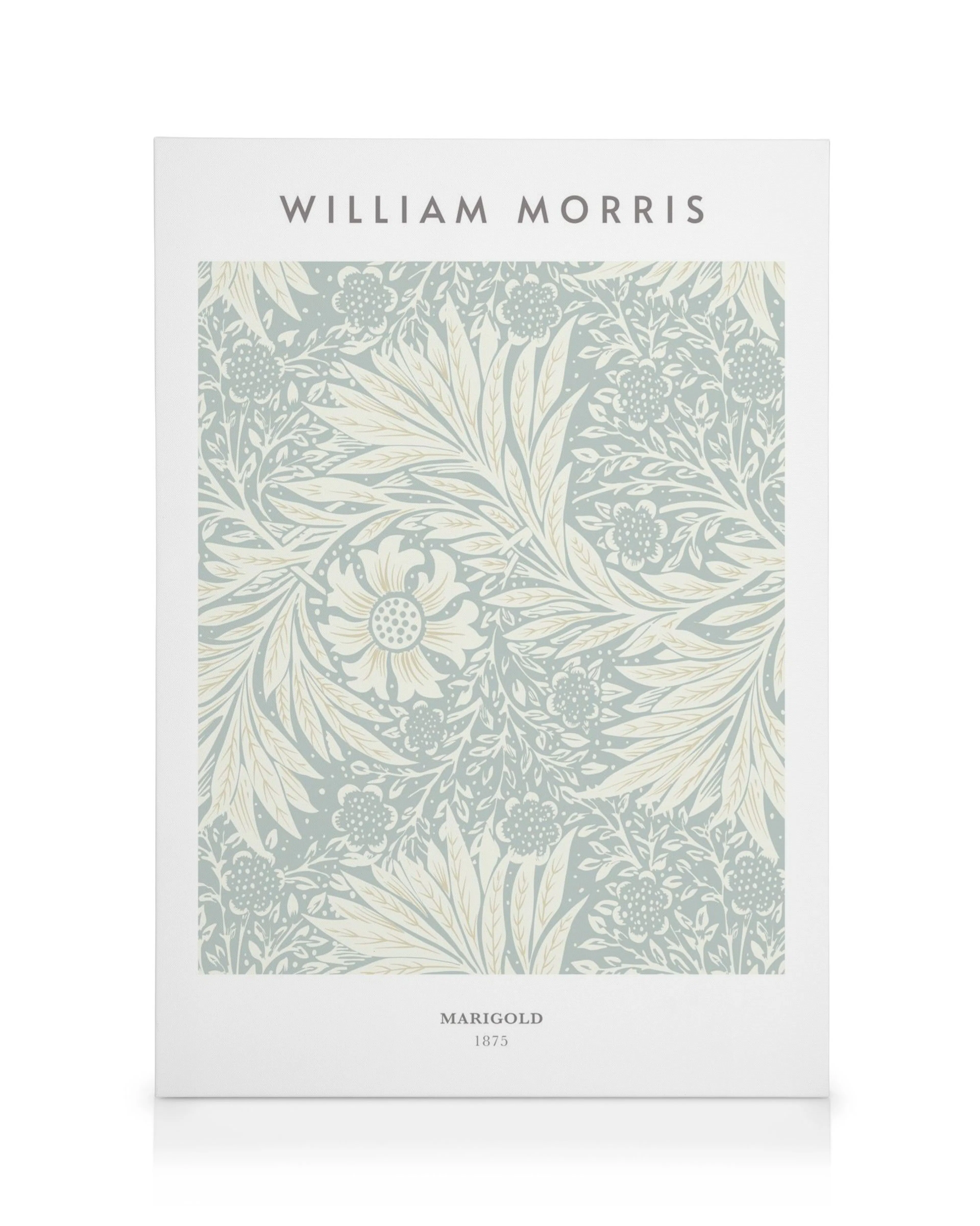 William Morris Marigold No2 canvas print with pale blue and cream botanical leaves and flowers