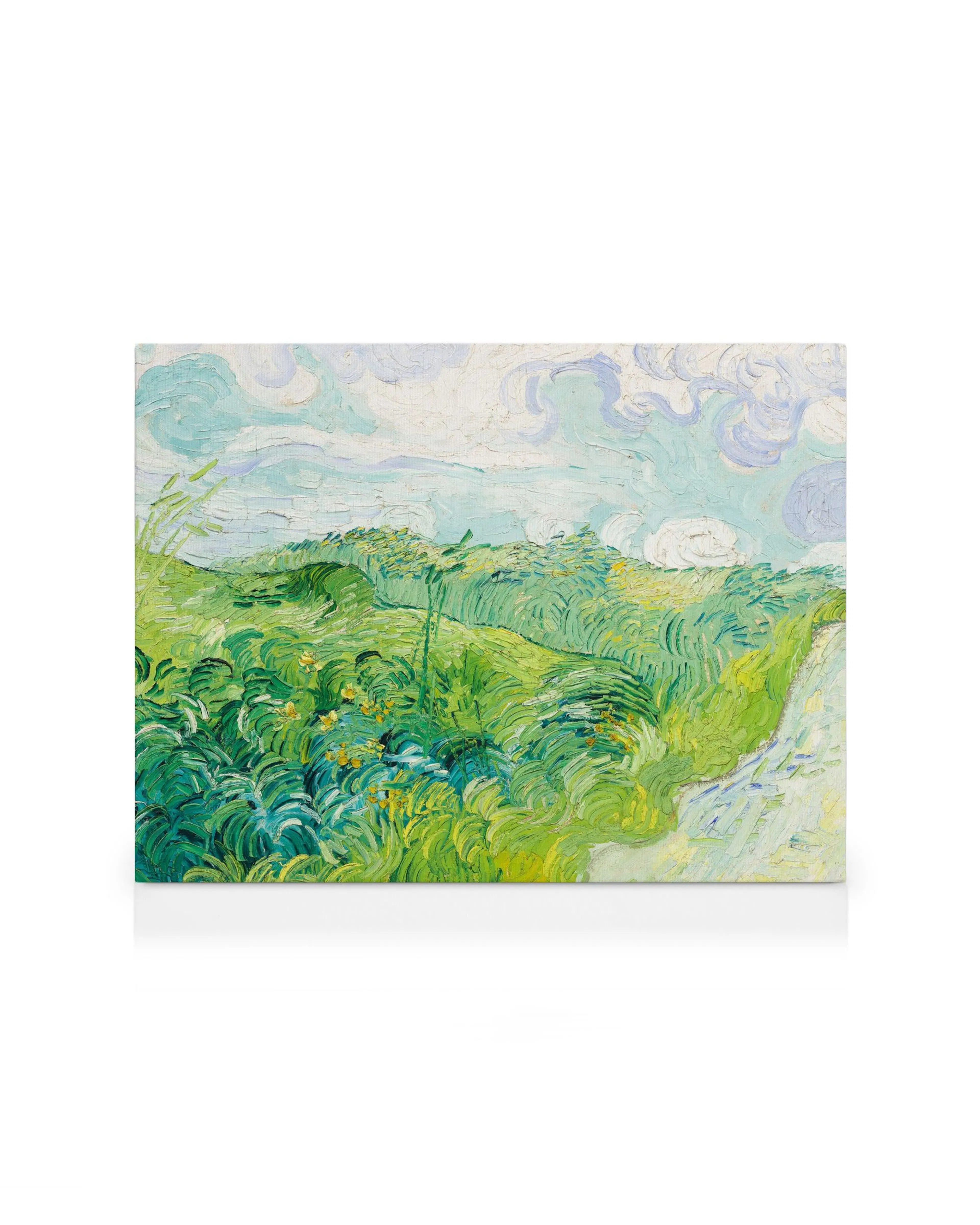 Van Goghs Grüne Weizenfelder, Auvers Leinwandbild, grüne Felder unter blauem Himmel mit weißen Wolken.