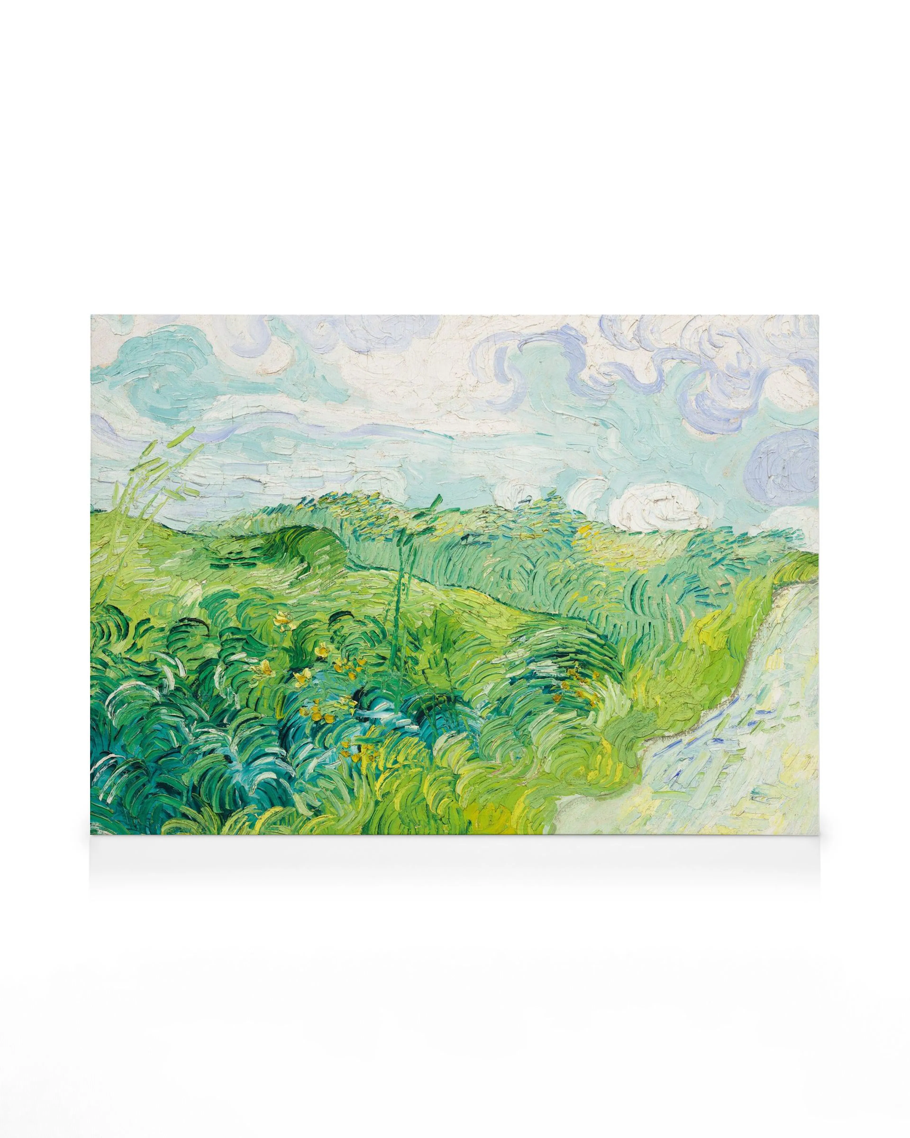 Van Gogh - Vihreät vehnäpellot, Auvers kanvaasi, impressionistinen maalaus vihreistä pelloista ja sinitaivaasta.