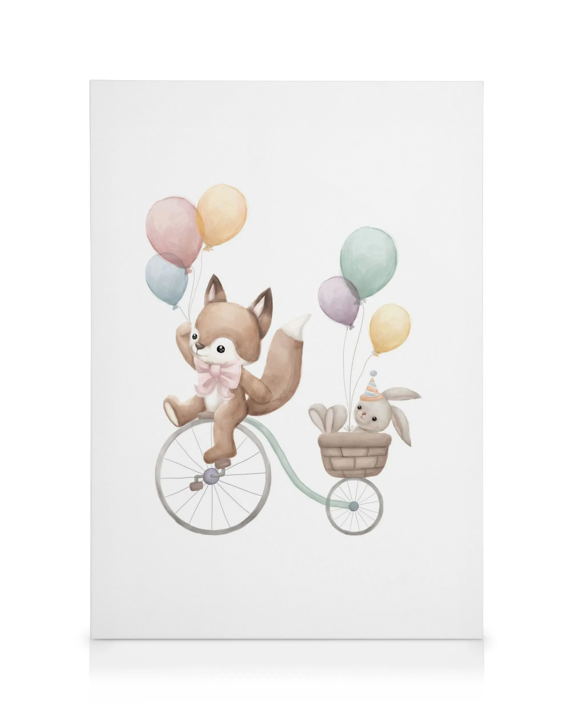 Watercolor illustration of a fox on a bicycle with a bunny in a basket, holding colorful balloons, ideal for childrens decor.