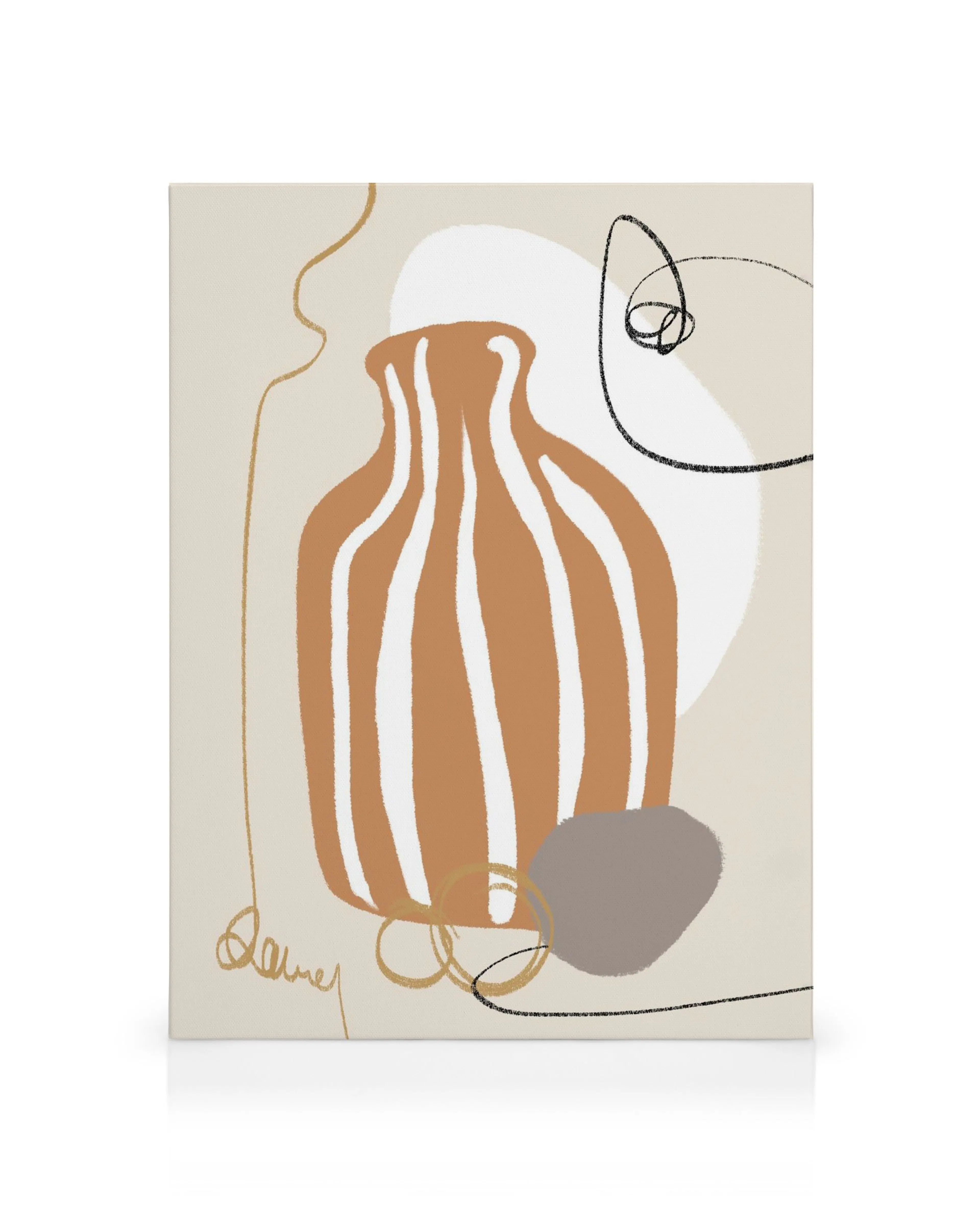 Abstract still life canvas print with a brown striped vase, white and grey shapes, and black and gold line art on a beige backgr