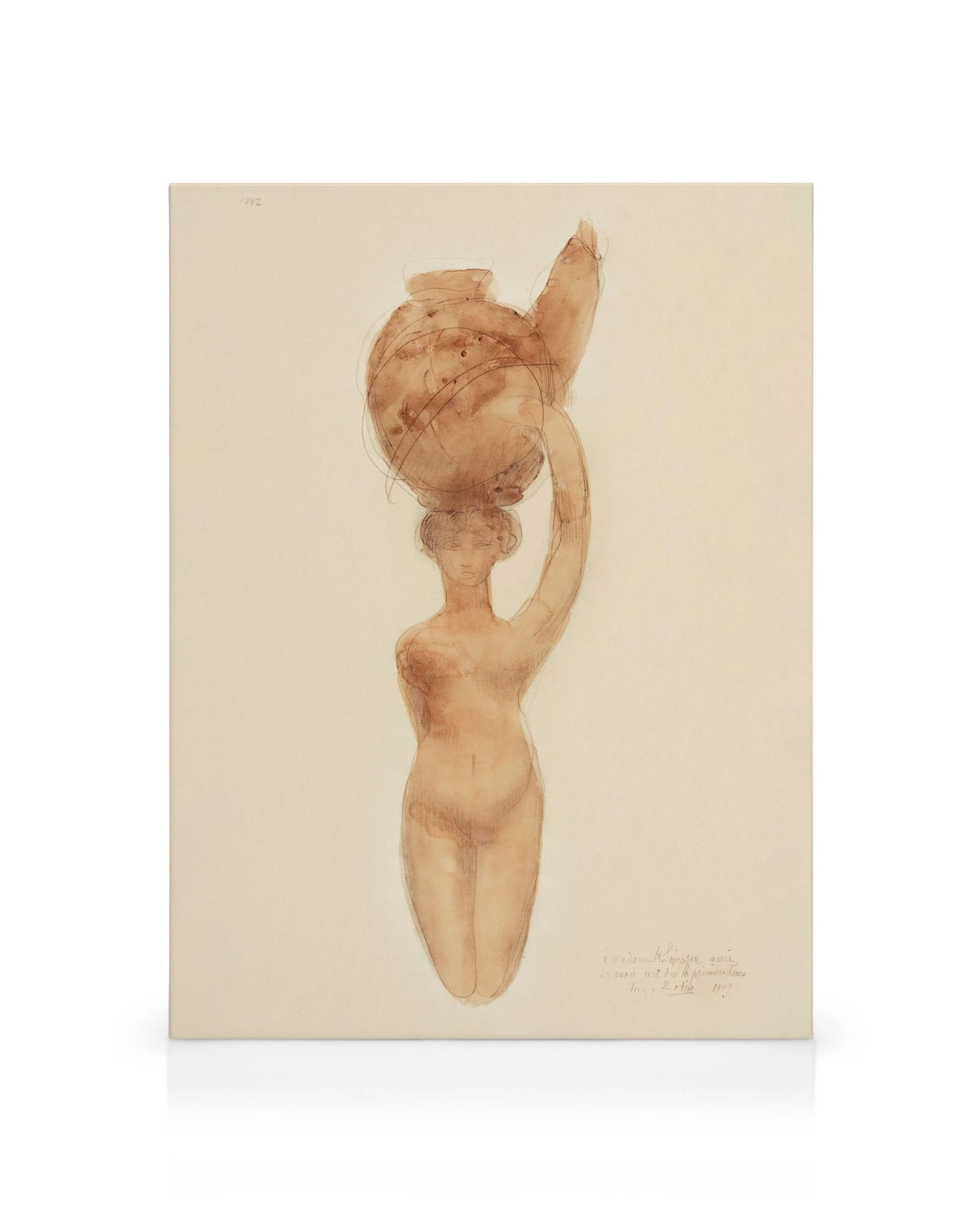 Toile Auguste Rodin: femme nue portant un vase sur la tête, typographie marron sur fond blanc cassé