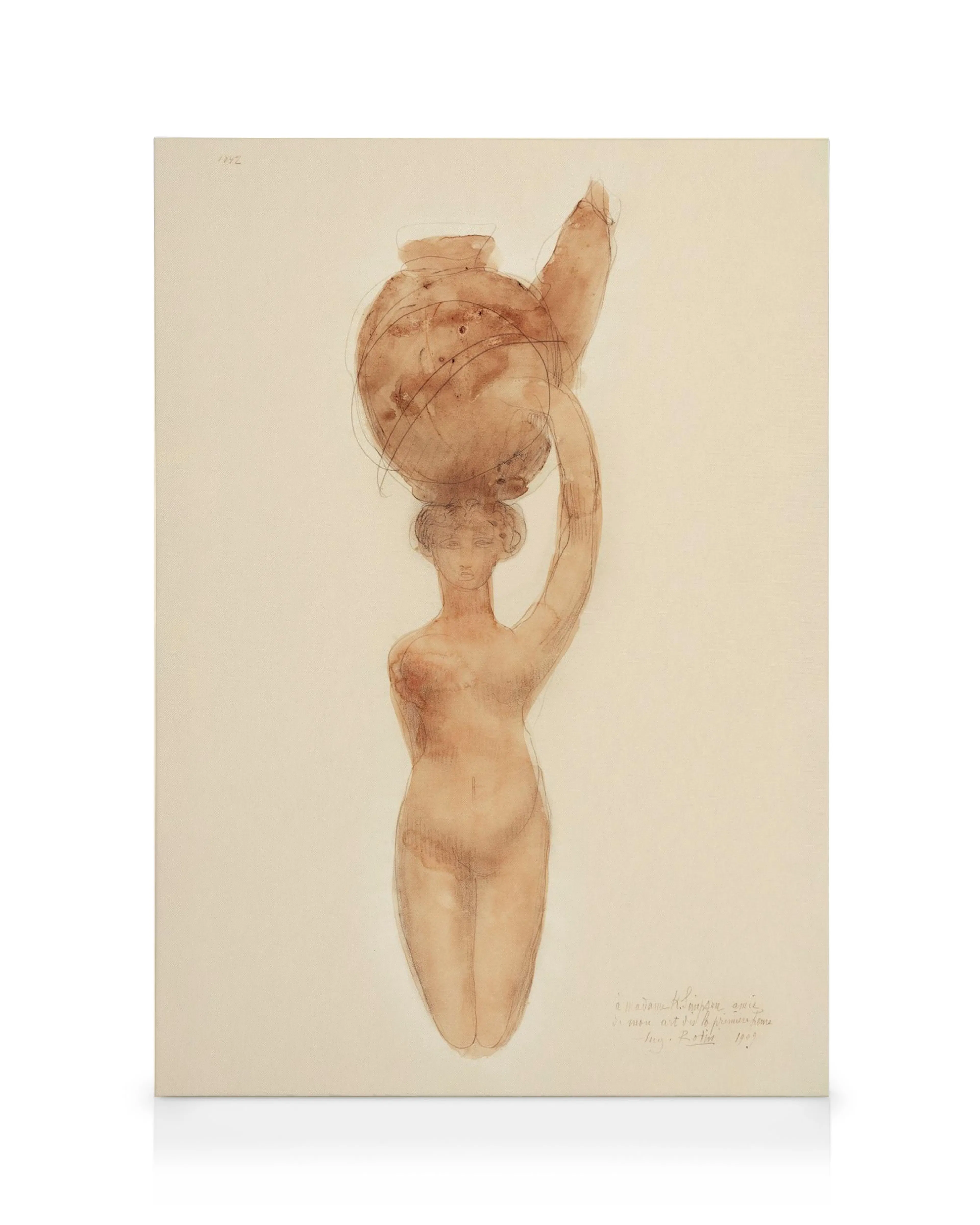 Stampa su tela disegno a linea donna nuda bilancia vaso sulla testa, pennellate marroni, sfondo bianco sporco.