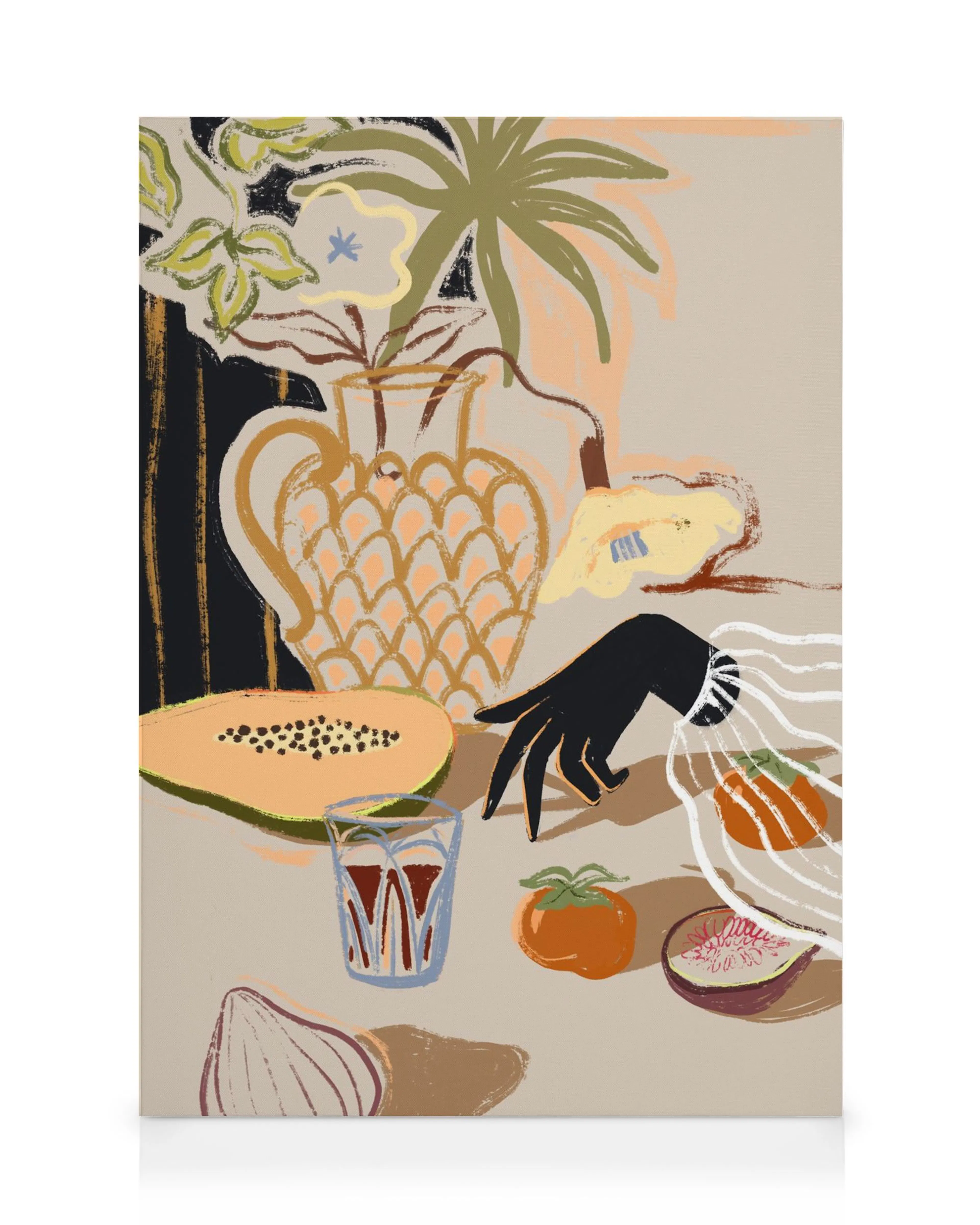 Toile nature morte abstraite avec vase, fruits, plantes et main décorative dans des tons orange, vert, marron, beige et noir.