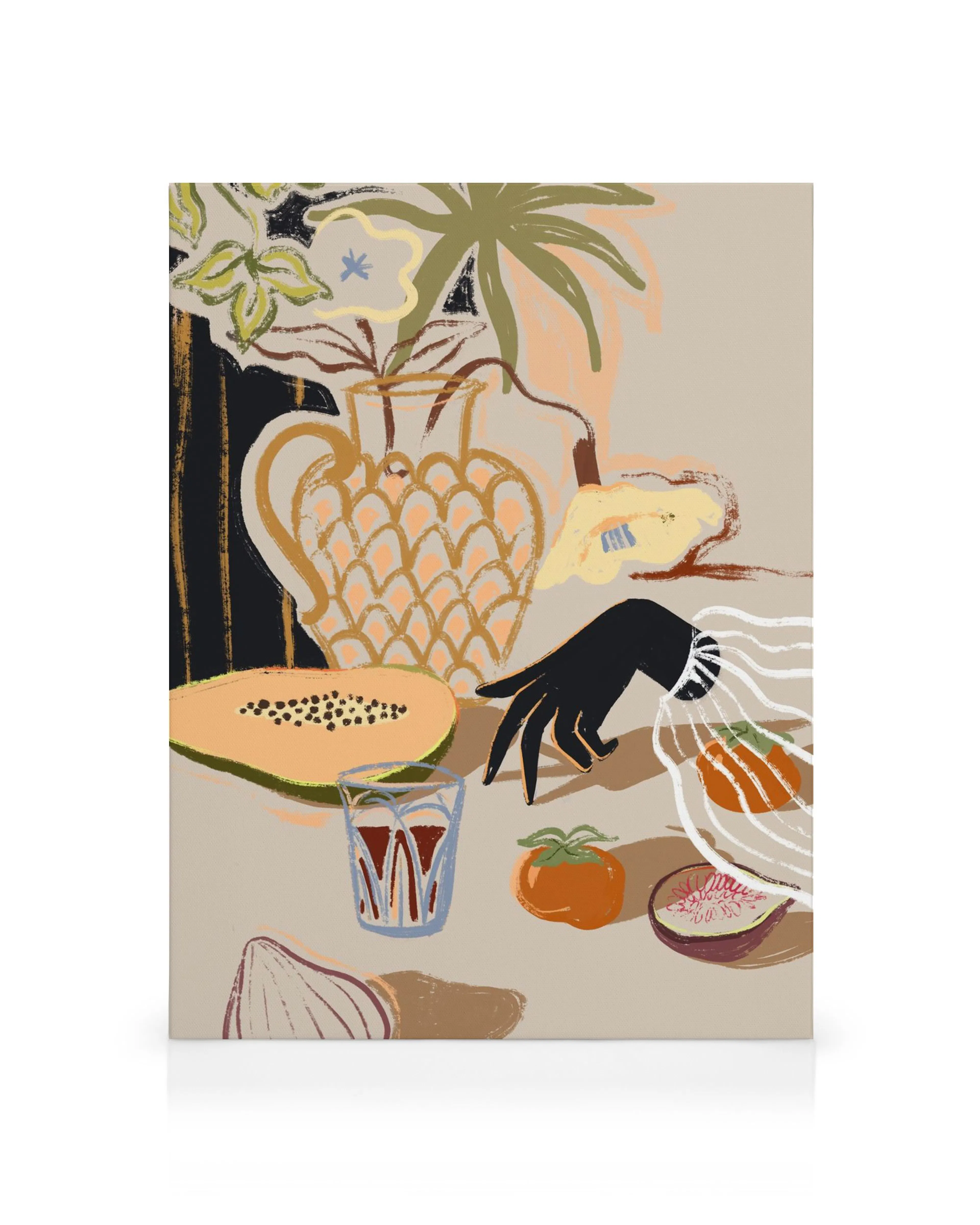 Stampa su tela con vaso, frutta e mano decorativa in stile astratto moderno, colori arancione, verde, marrone, beige e nero.