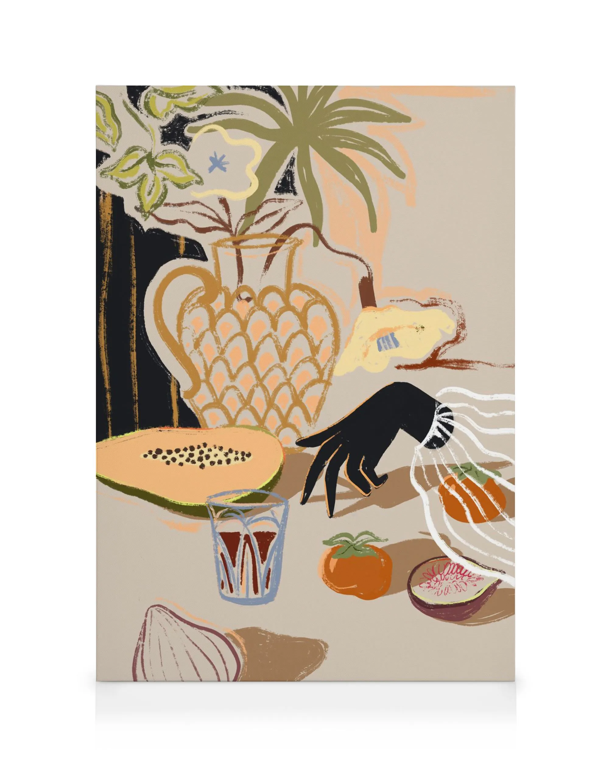 Still life canvas print with abstract fruit, plants, vase, and hand in orange, green, brown, beige, black.
