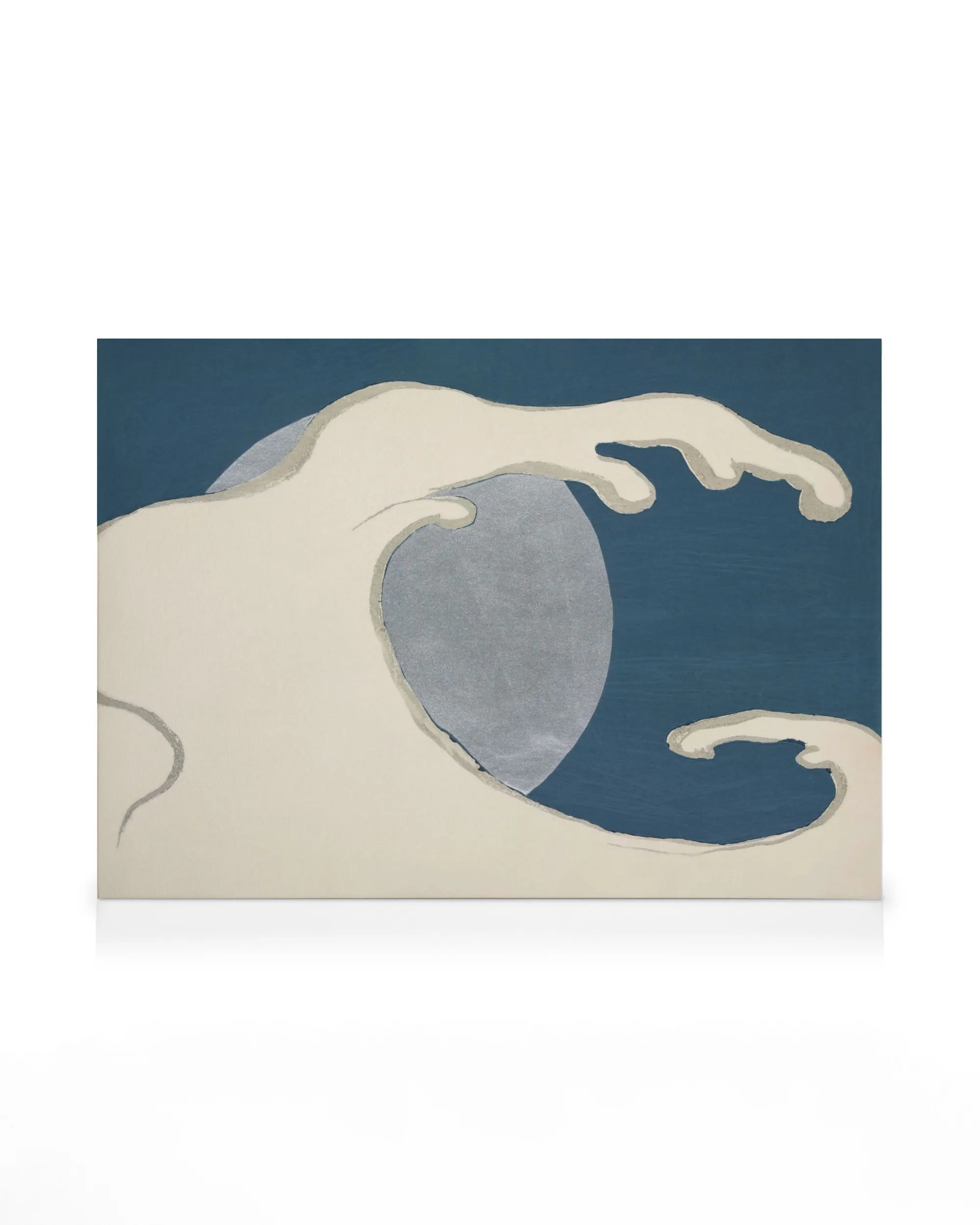 Kamisaka Sekka Waves and sun canvas print: stylized beige hand outlining gray circle on deep blue background, abstract design.