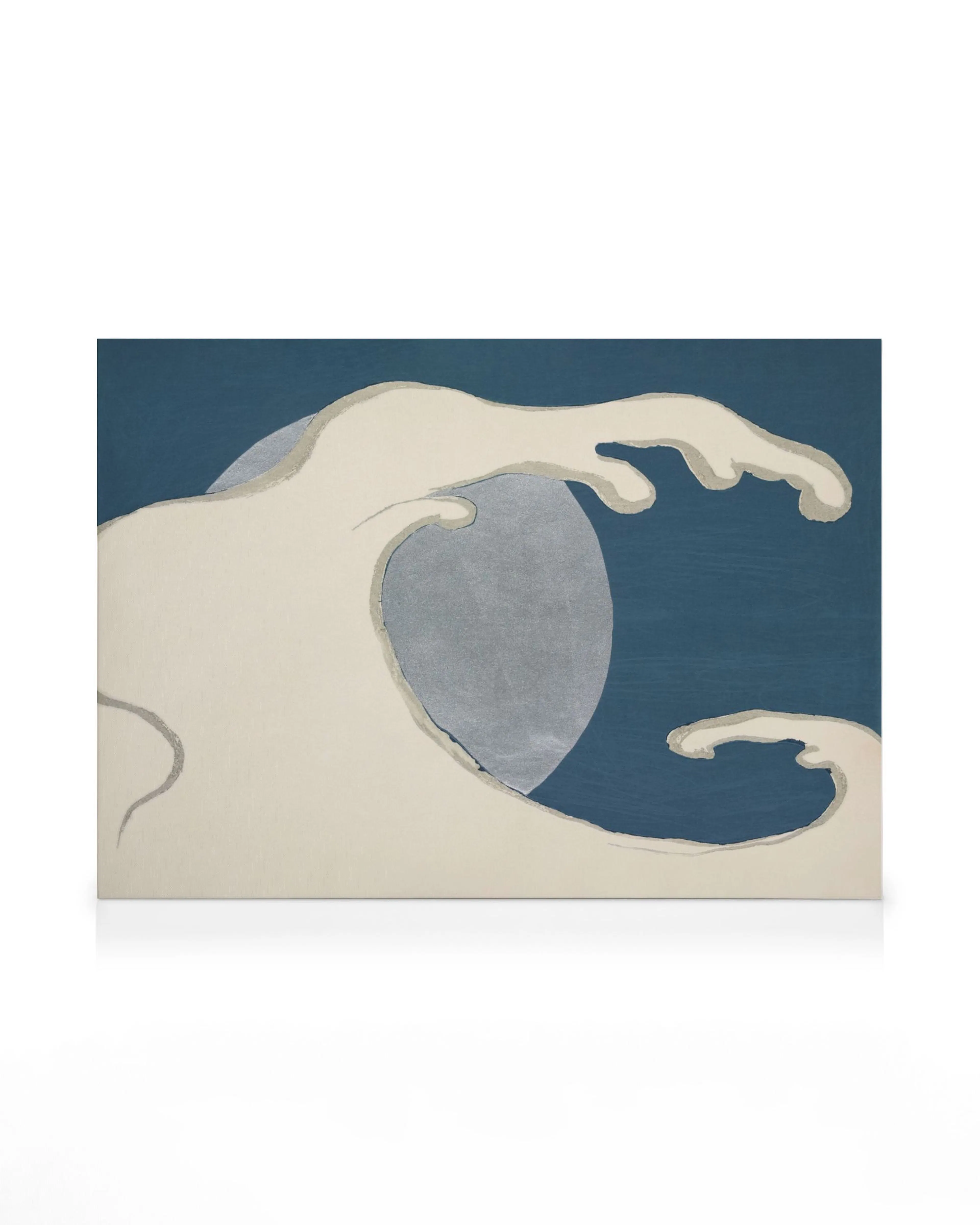 Kamisaka Sekka Waves and sun canvas print: stylized beige hand outlining gray circle on deep blue background, abstract design.