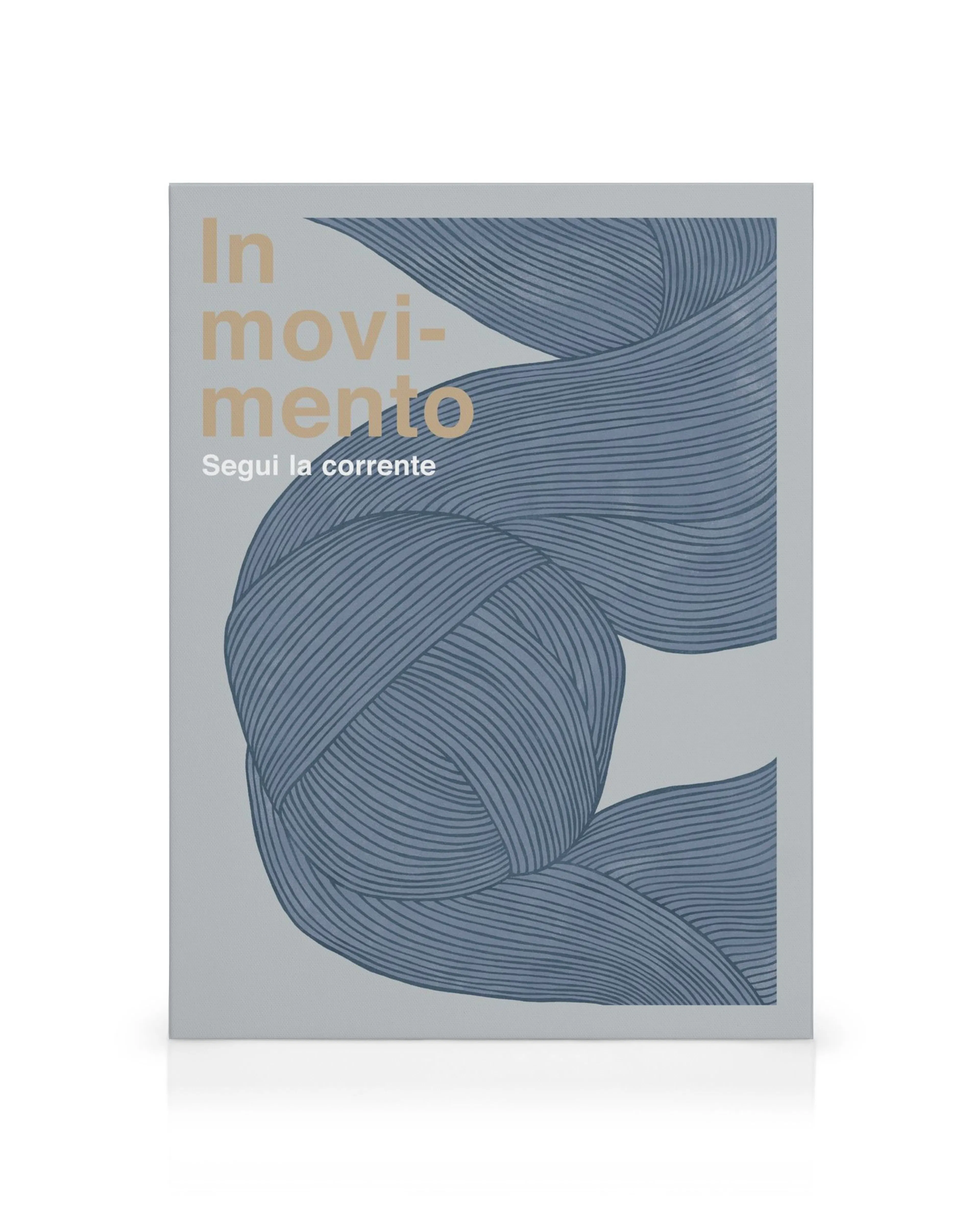 Tela In Movimento Segui La Corrente com ondas azuis e laços sobre fundo cinza, texto dourado. Arte abstrata moderna.