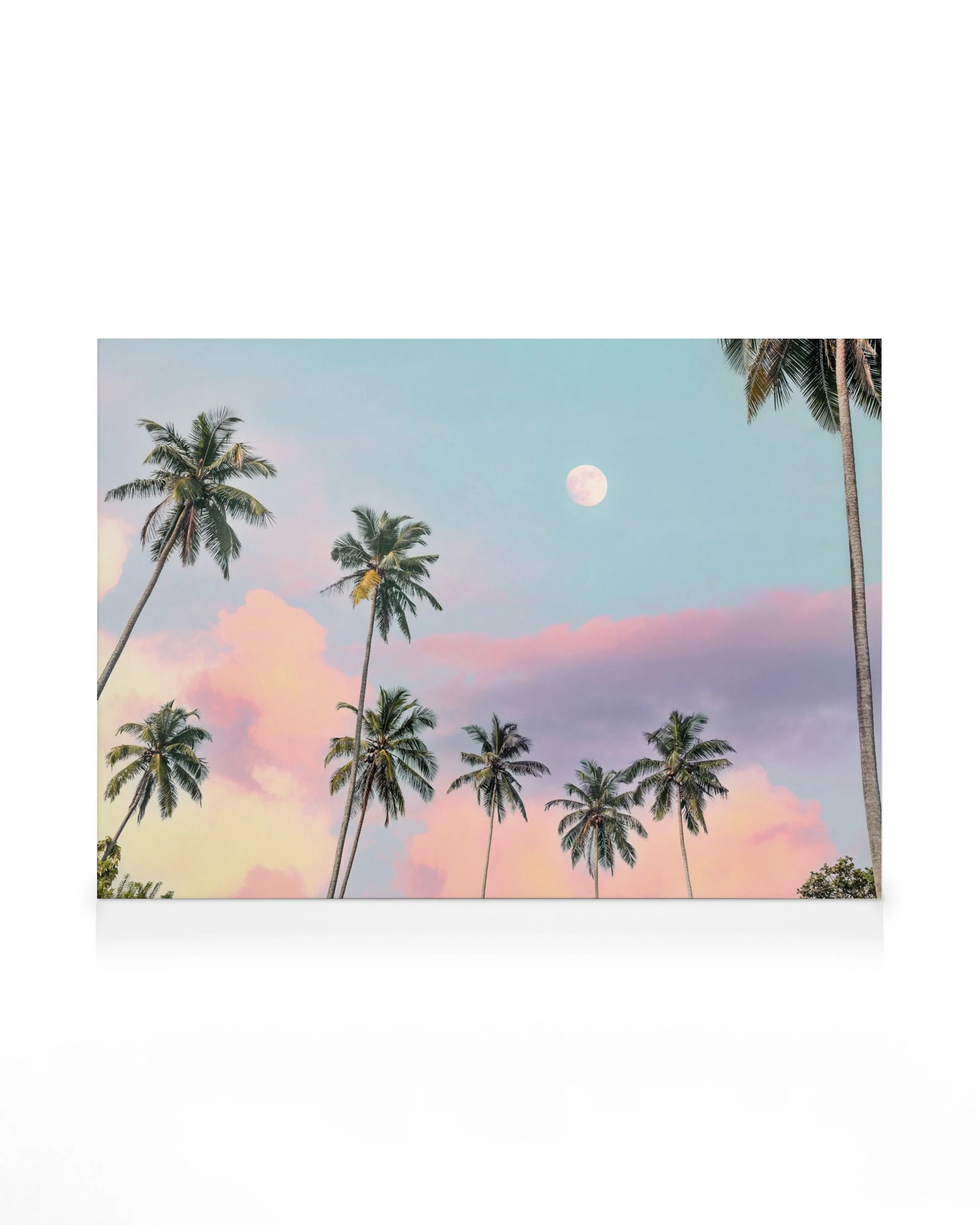 Leinwandbild mit Palmen vor einem pastellfarbenen Himmel bei Sonnenuntergang und Vollmond, tropisches Strandmotiv.