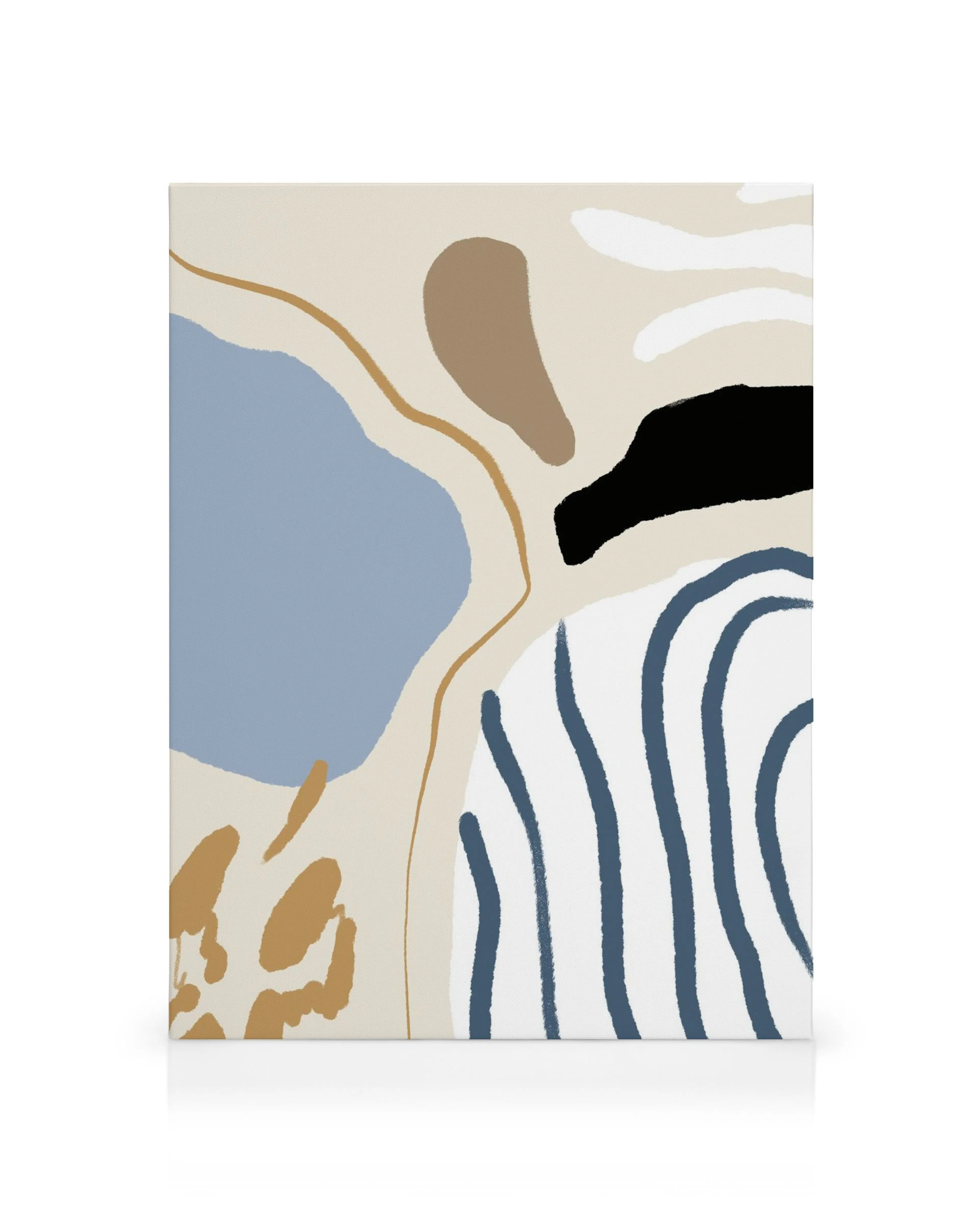 Abstract canvas print with curved blue, tan, brown, and black shapes on a white background, modern wall art.