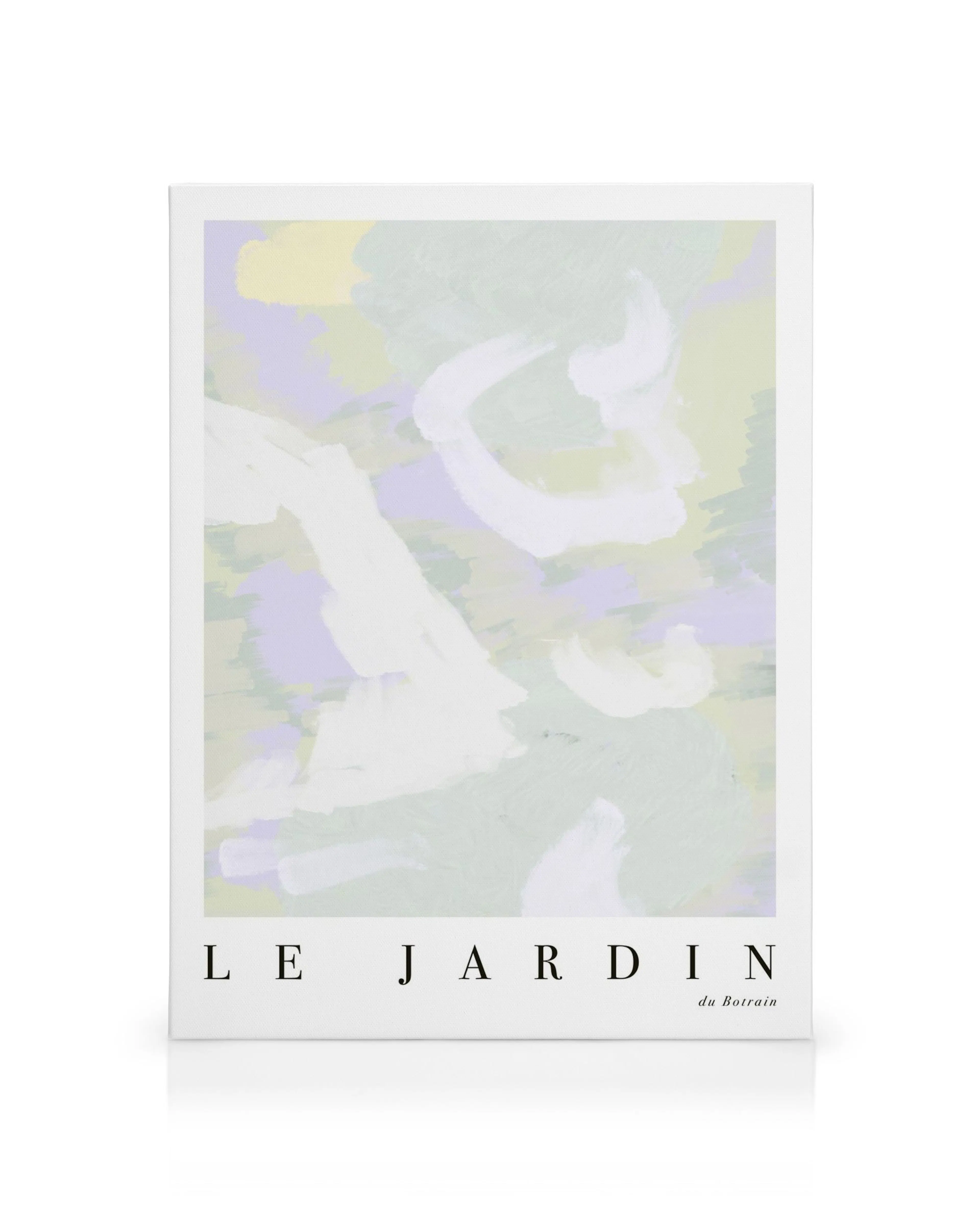 Abstraktes Le Jardin Leinwandbild in Pastellfarben mit Lila, Grün und Gelb, mit Le Jardin Du Botrain Text.