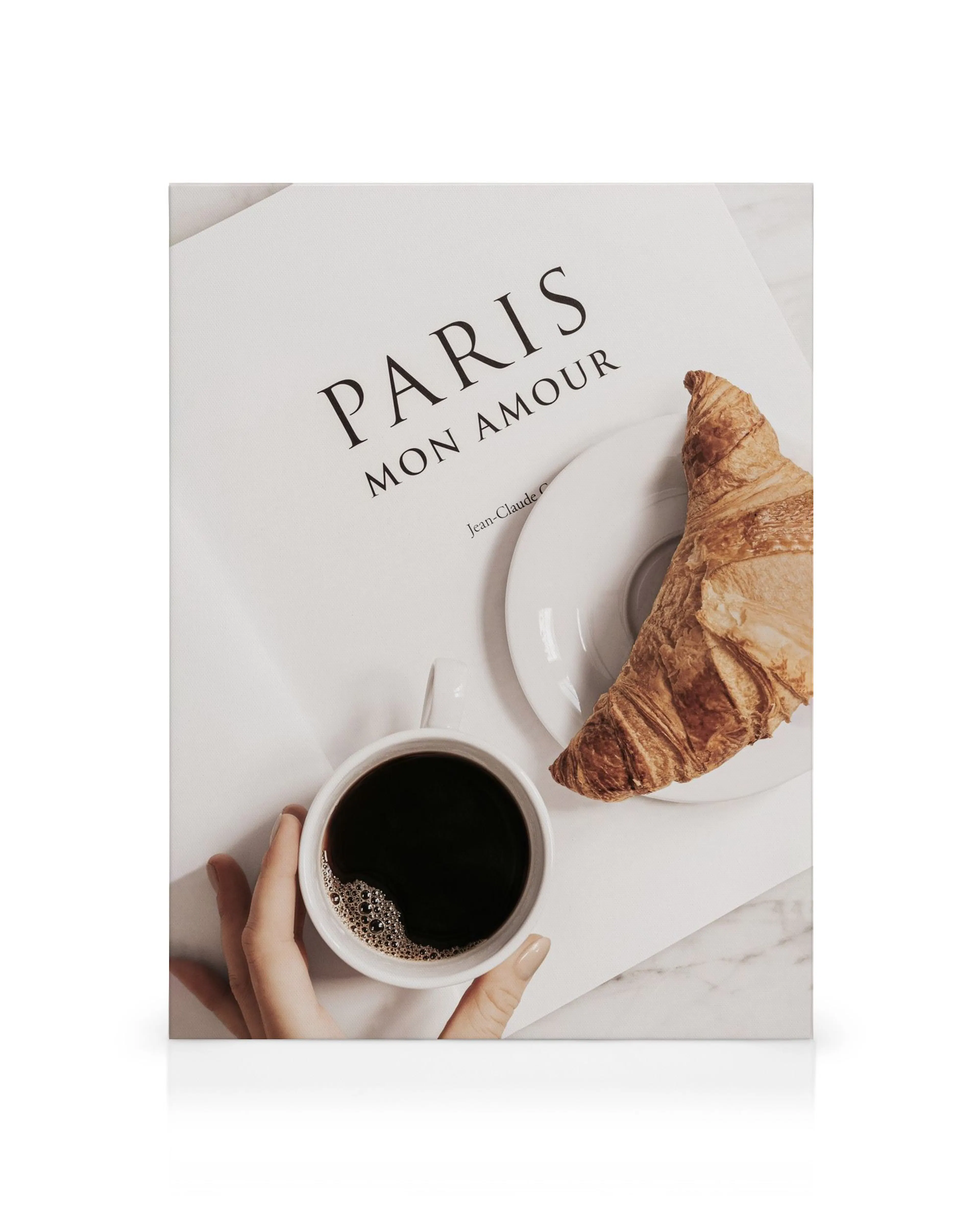 Leinwandbild mit Kaffee, Croissant, Marmorboden und Schriftzug Paris Mon Amour, Pariser Charme