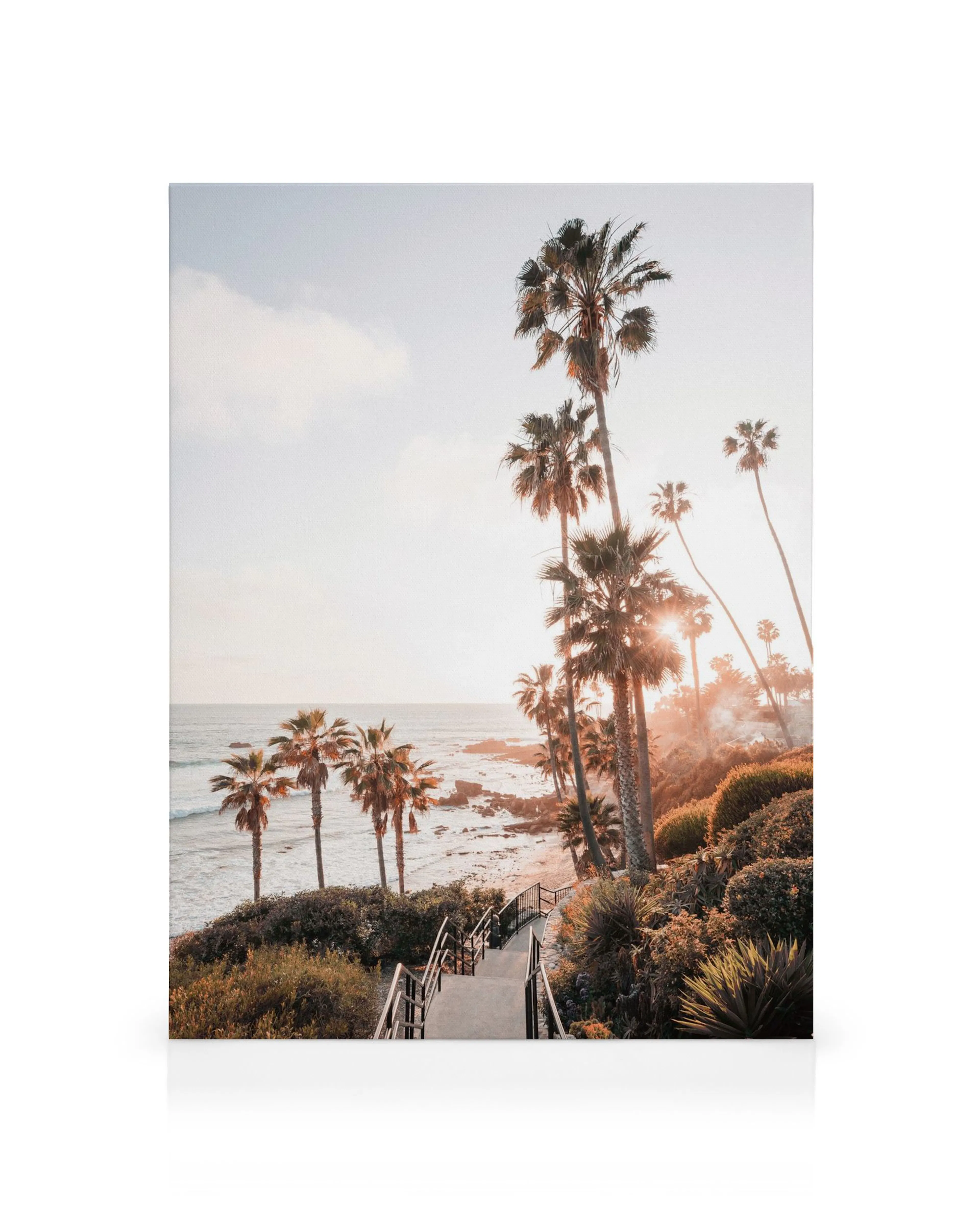 Laguna Beach canvas print of a staircase leading to a serene beach with palm trees, soft oranges, blues, and greens.