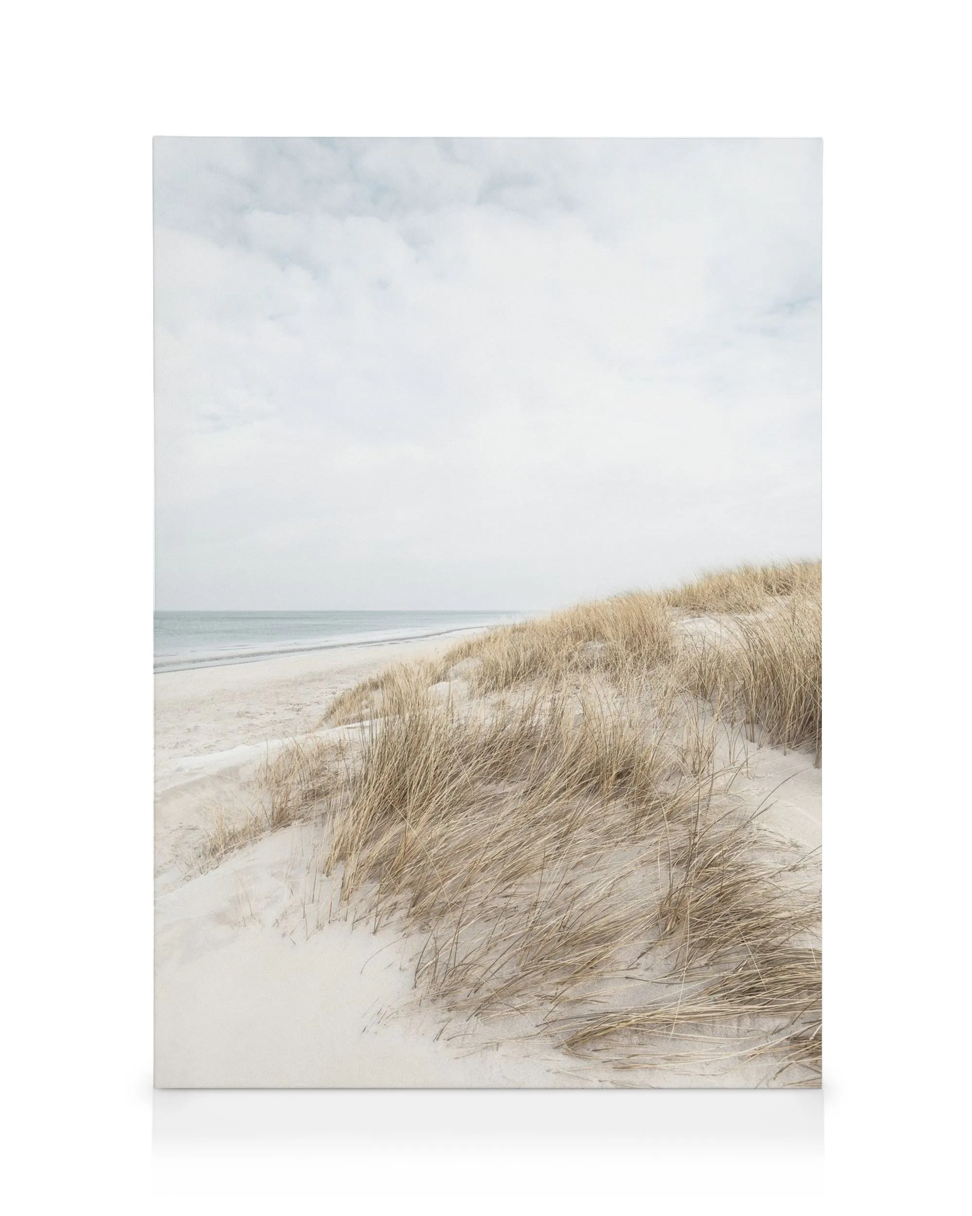 Cape Cod beach dunes canvas print with light sand, dry grass, and calm ocean under a pale sky.