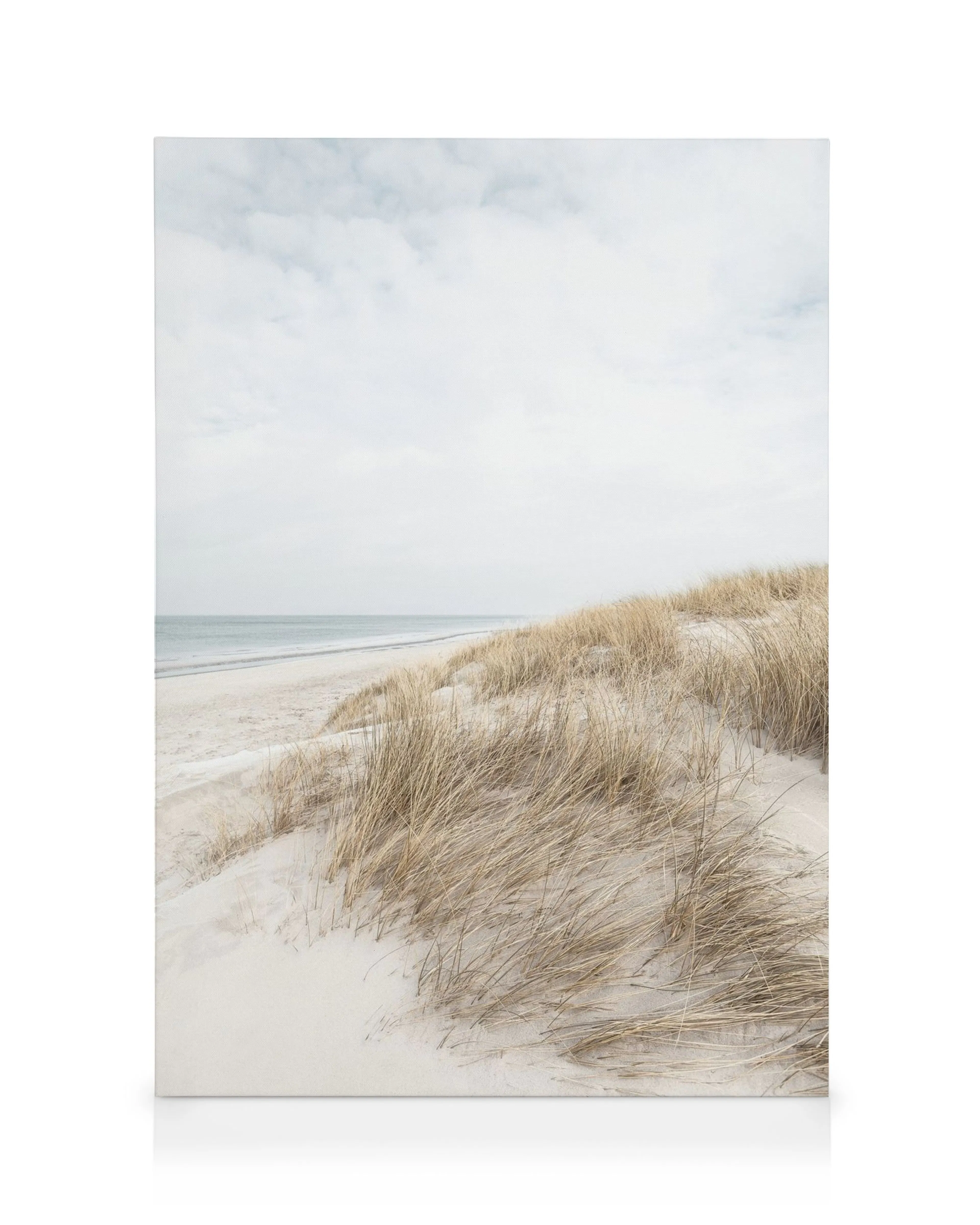 Cape Cod beach dunes canvas print with light sand, dry grass, and calm ocean under a pale sky.