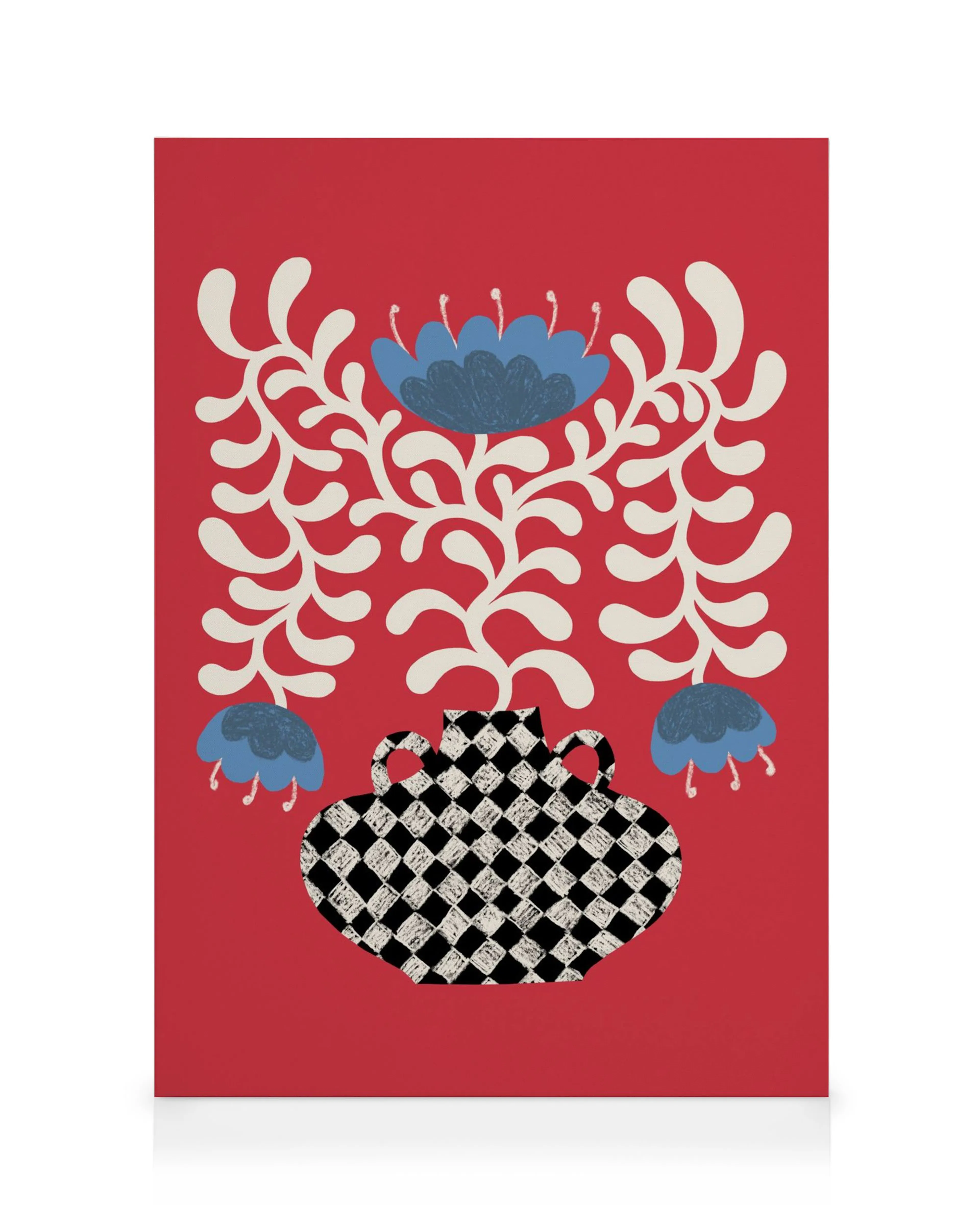 Vase à Carreaux No1 canvas print, featuring a black and white checkered vase with blue flowers and cream botanicals on a red bac