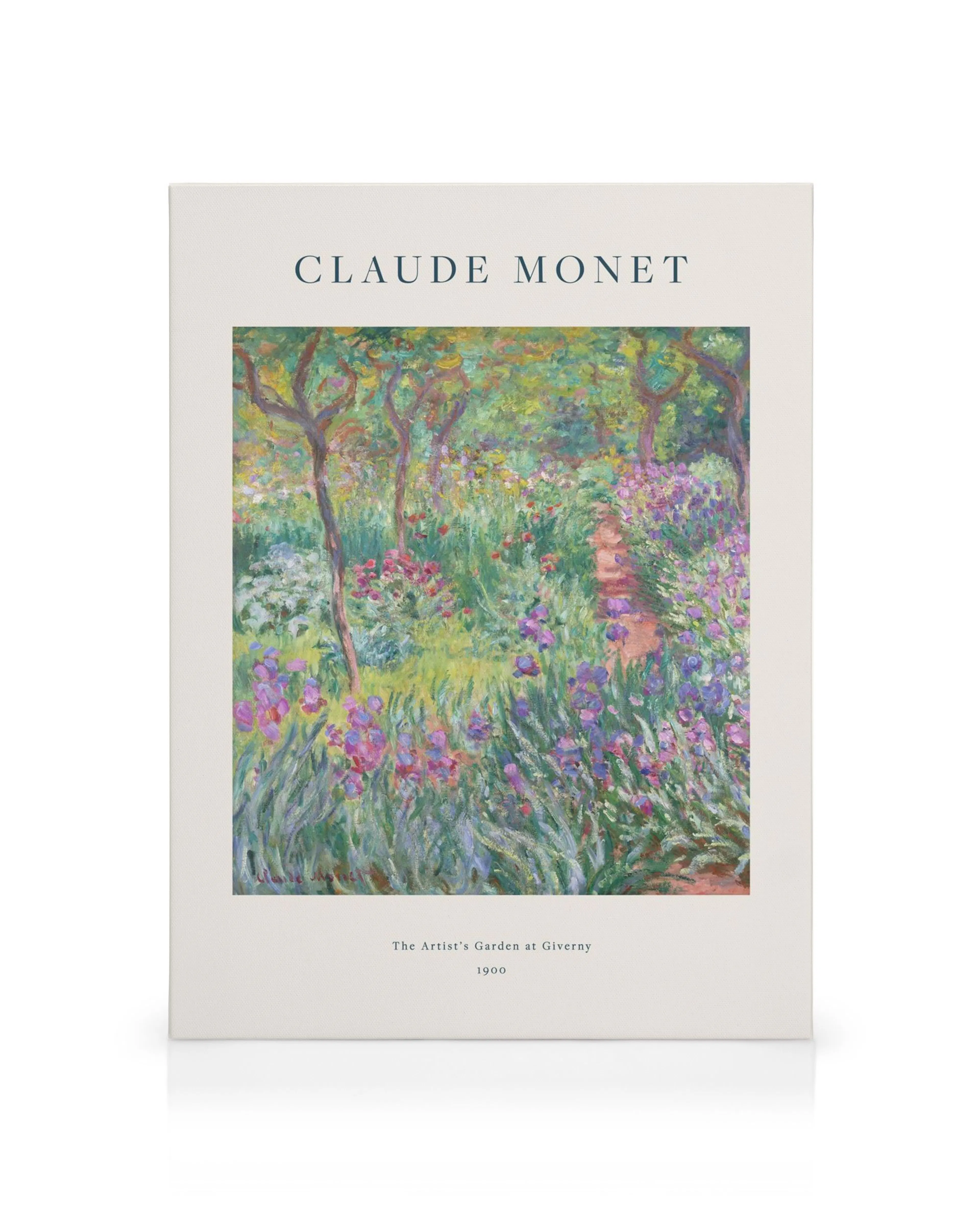 Ein Leinwandbild von Claude Monets Garten in Giverny, mit bunten Blumen, Bäumen und einem Weg.