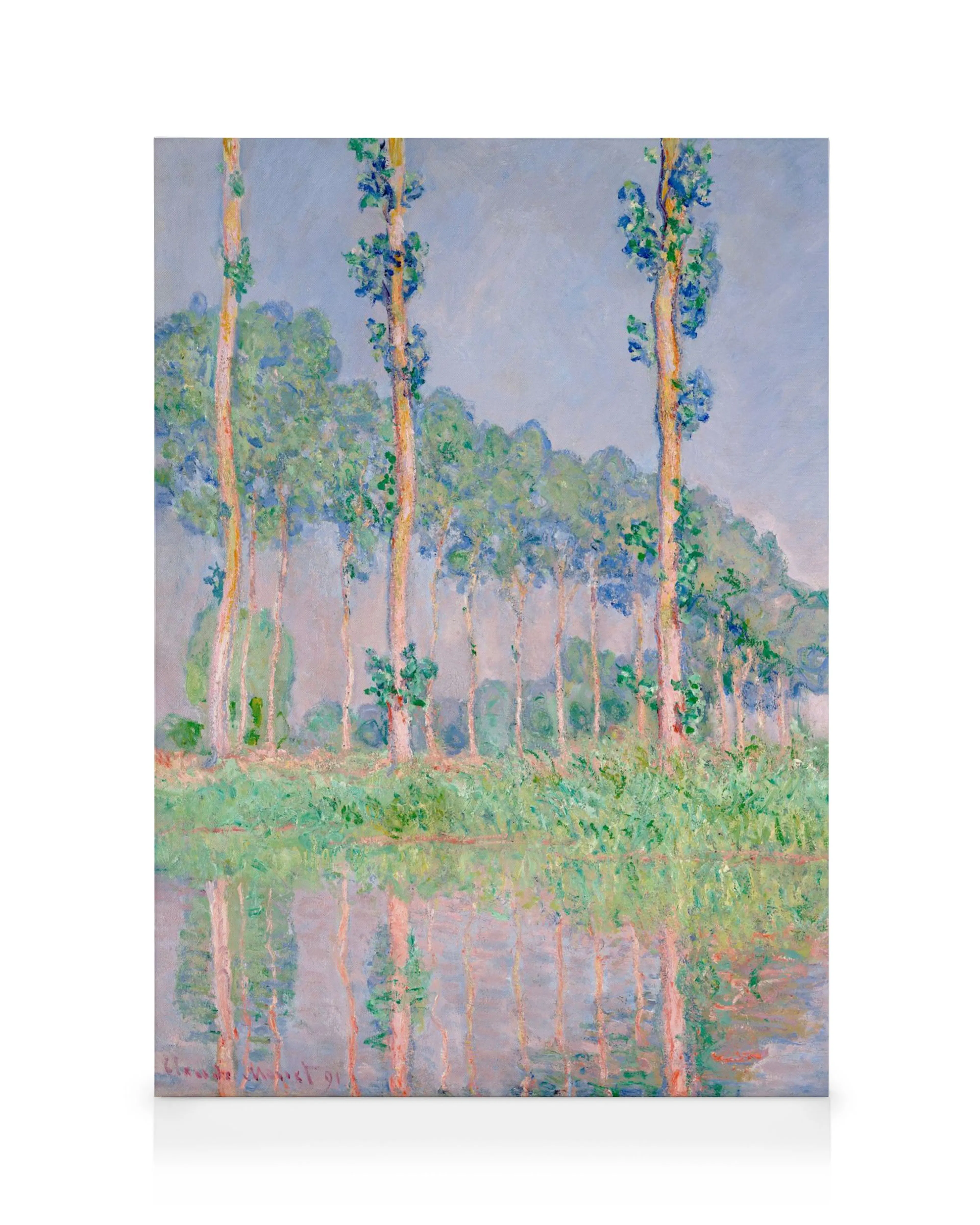 Monet Poplars, Pink Effect canvas: groene bomen weerspiegeld in een vijver met roze accenten en een lichtblauwe lucht.