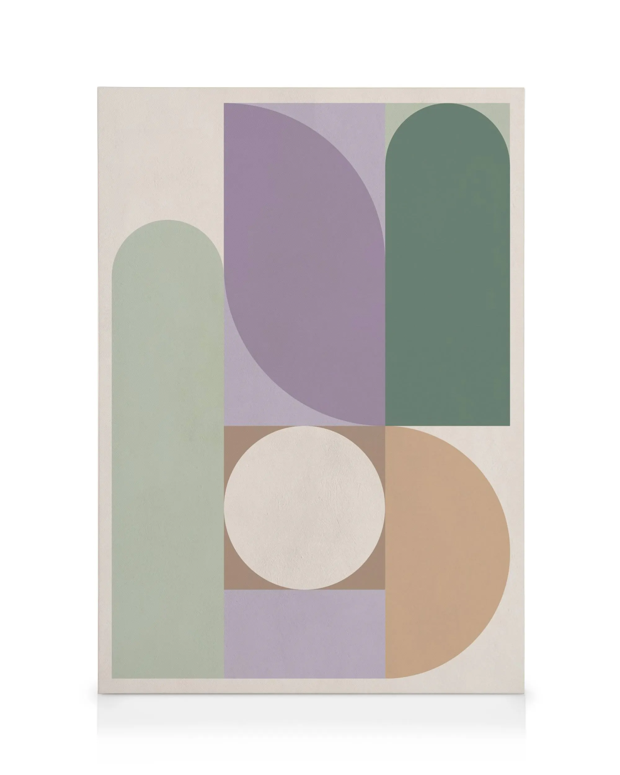 Abstract geometric canvas art with colorful shapes in purple, green, beige, and brown, depicting arches, circles, and rectangles