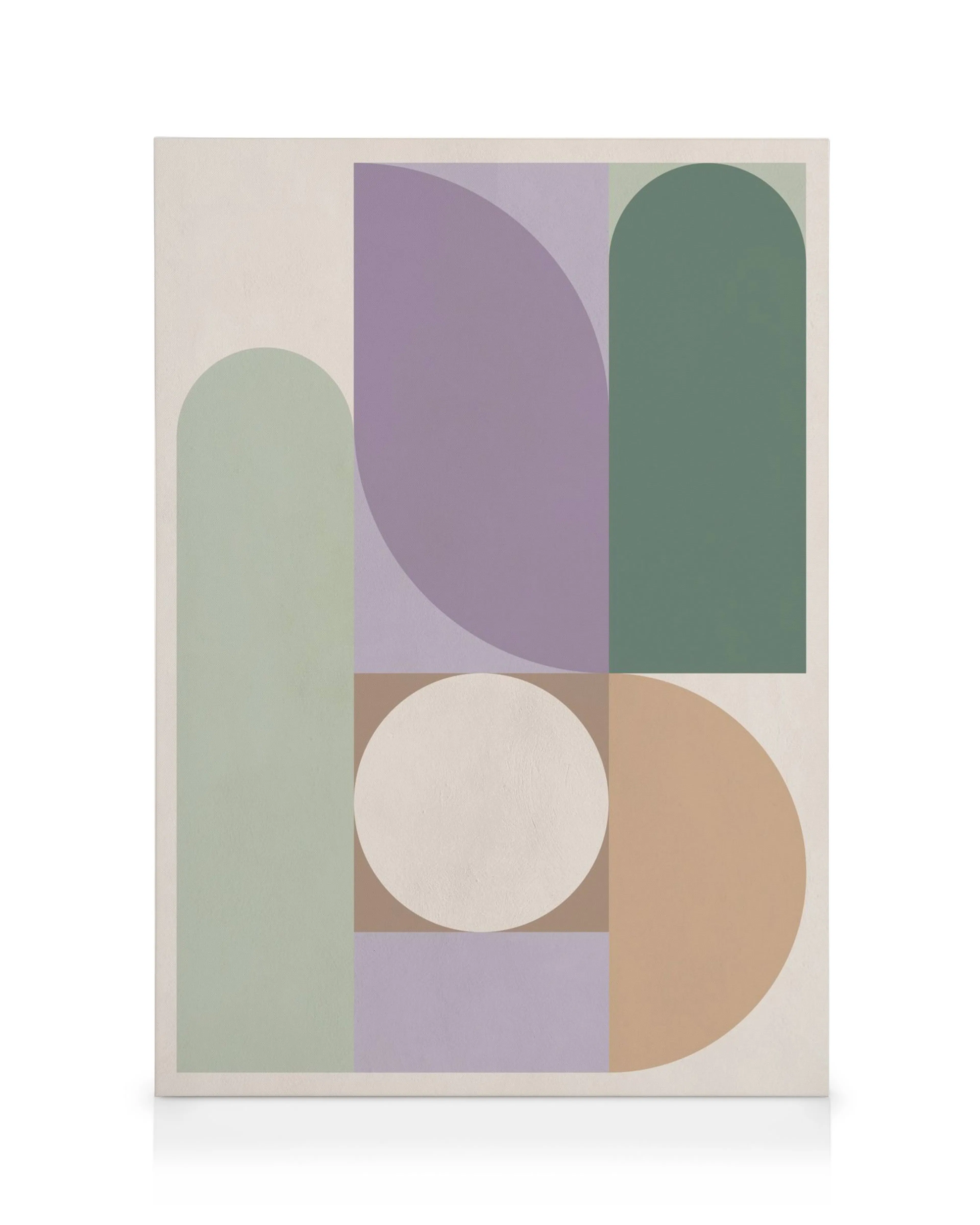 Abstract geometric canvas art with colorful shapes in purple, green, beige, and brown, depicting arches, circles, and rectangles