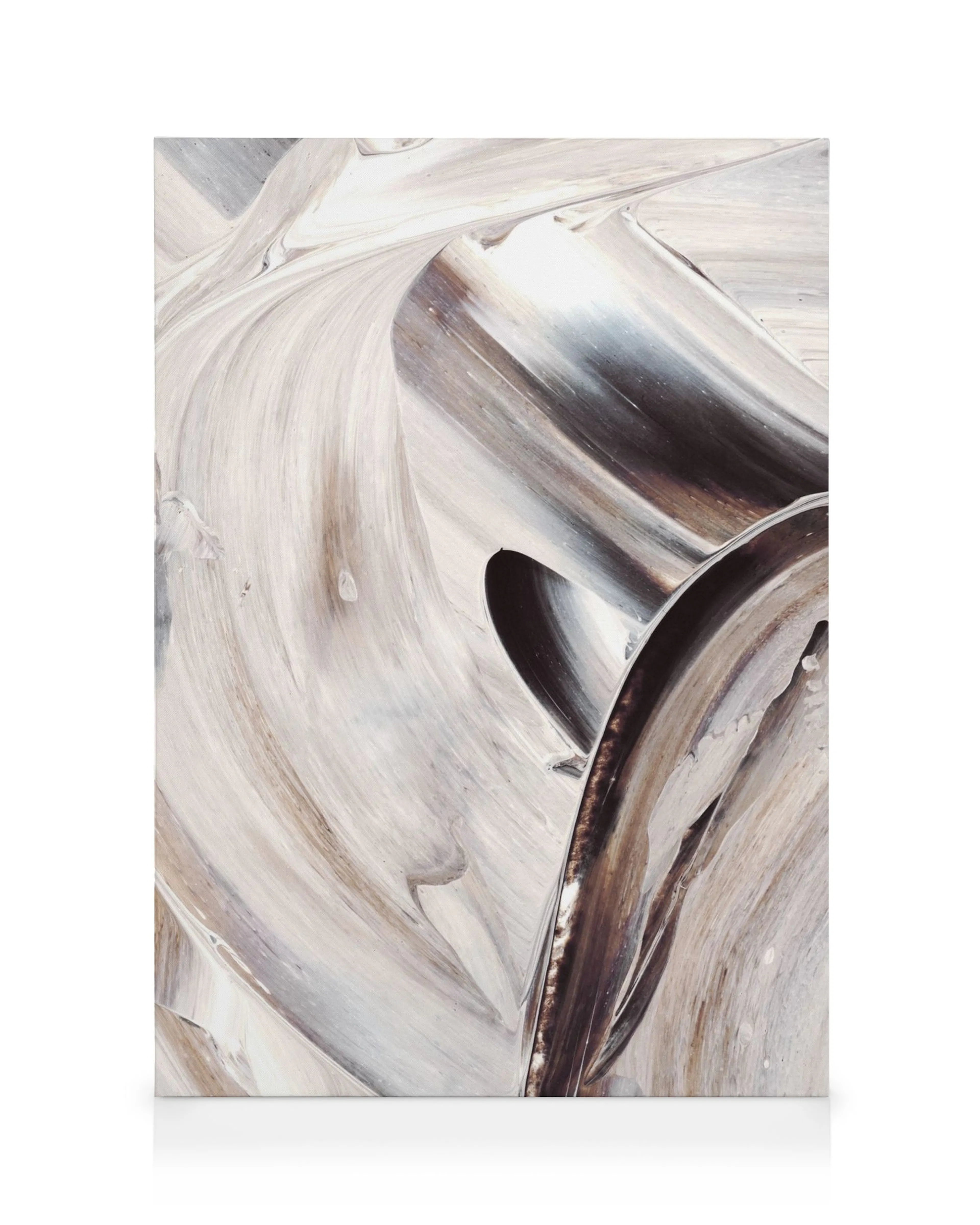 Abstract Canvas print with swirling metallic curves in beige, grey, and brown.