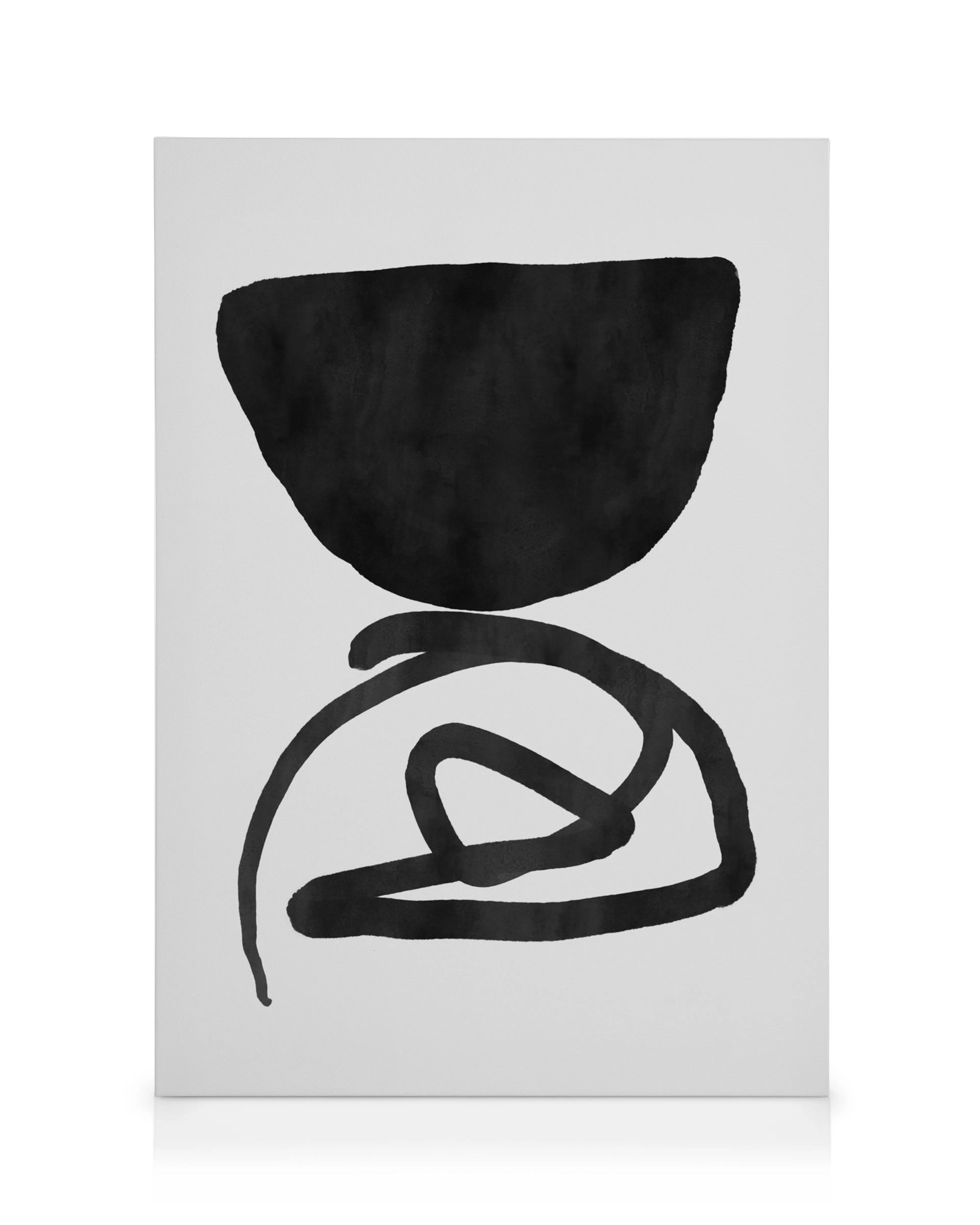 Black abstract shapes canvas print, featuring a solid form above a tangled black line on a white background, modern art.