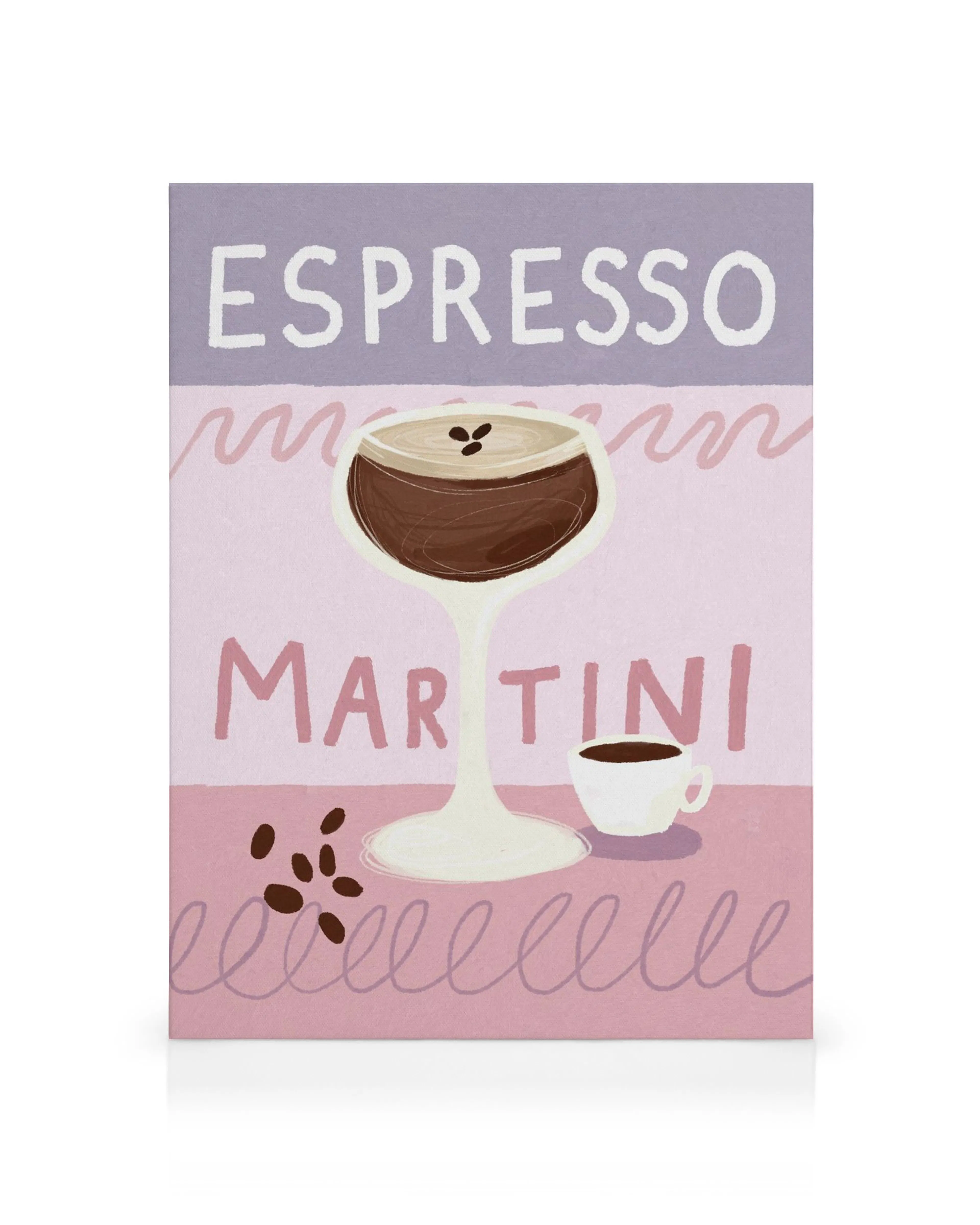 Καμβάς με εικονογράφηση Espresso Martini, κόκκους καφέ, φλιτζάνι, σε ροζ-μοβ αποχρώσεις.