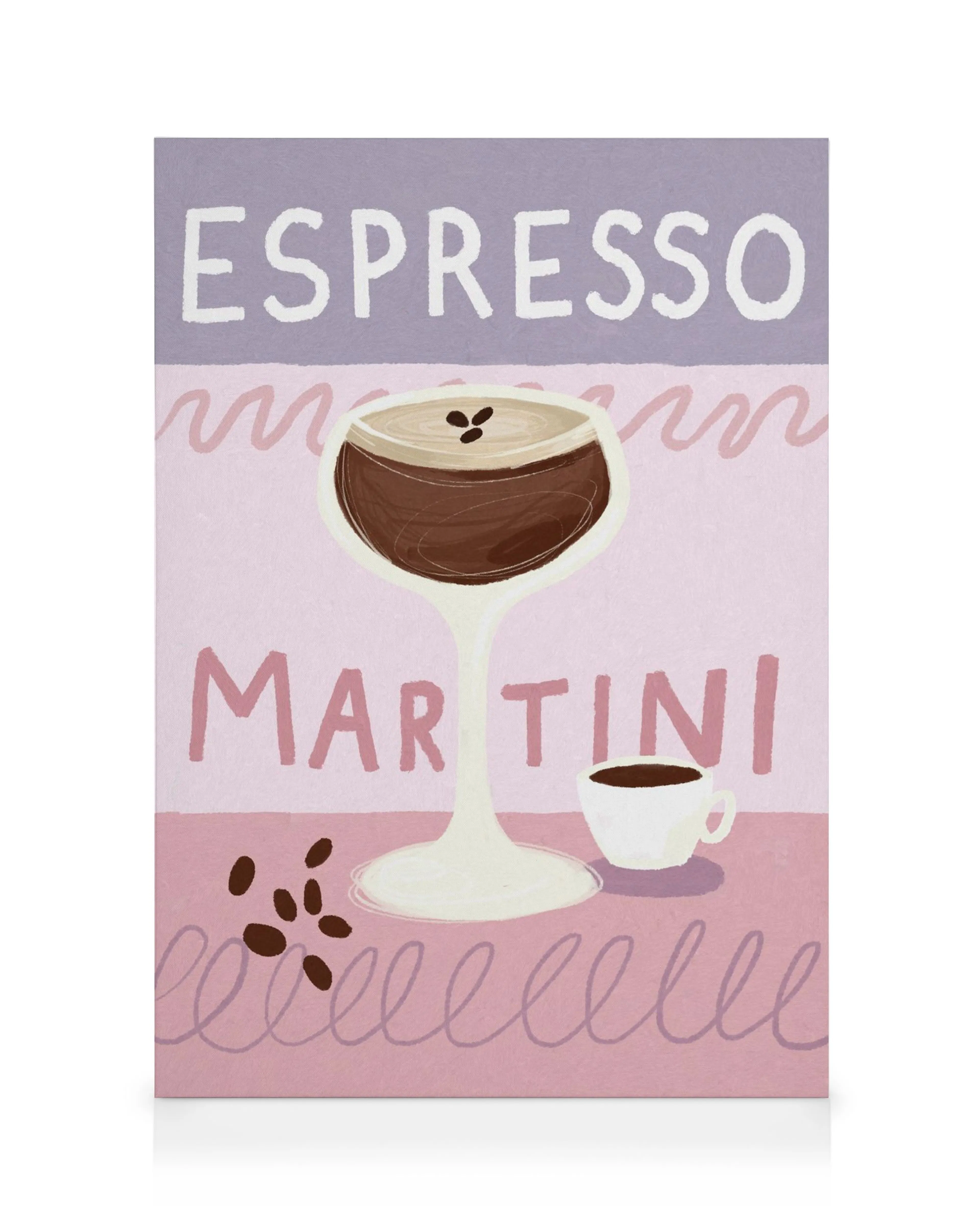 Lienzo de cóctel Espresso Martini con taza de café, granos y texto en fondo rosa y lavanda.