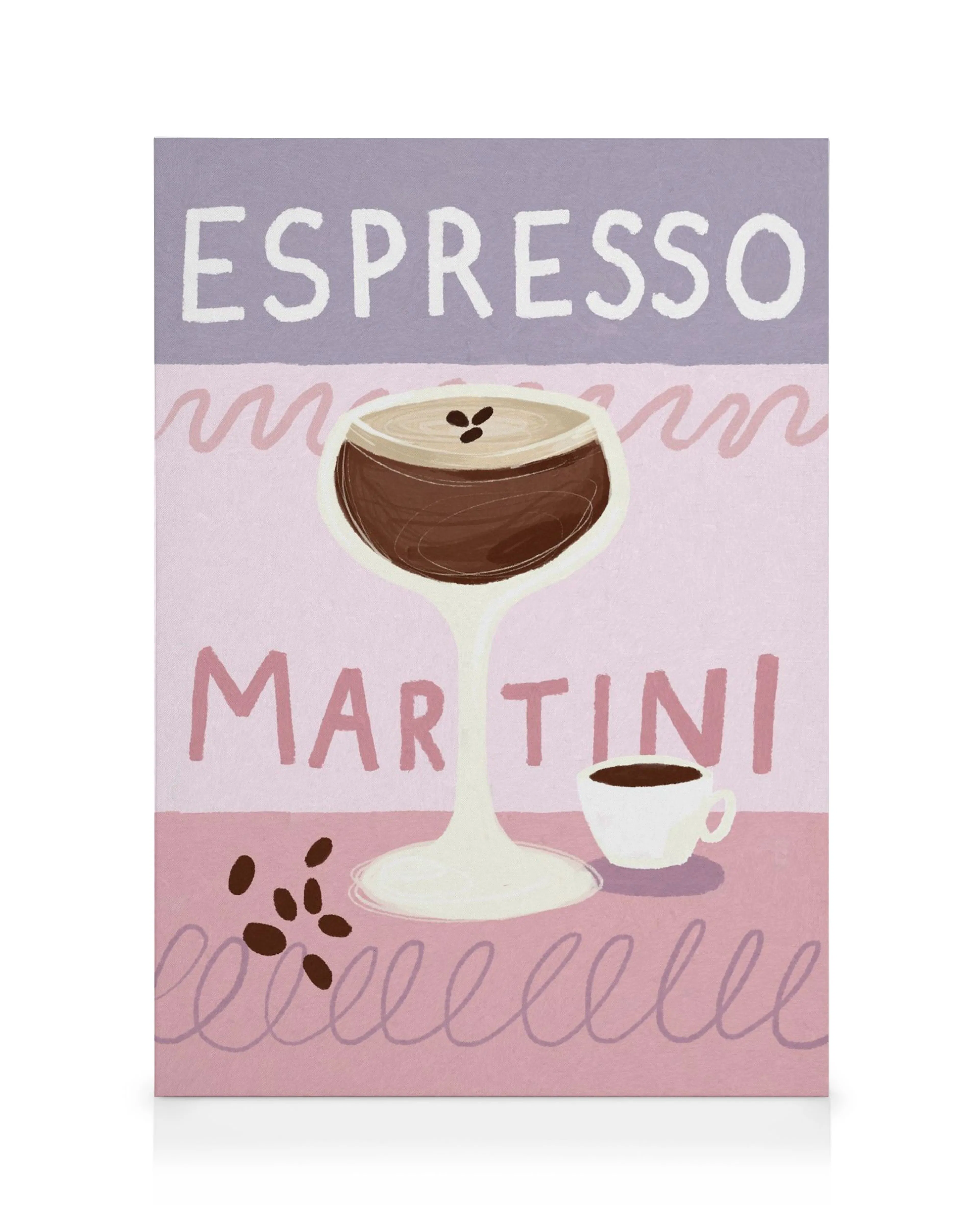 Espresso Martini -kanvaasitaulu, jossa lasi ja kahvikupillinen, kahvipapuja. Taustalla tekstiä ja aaltoilevia kuvioita.