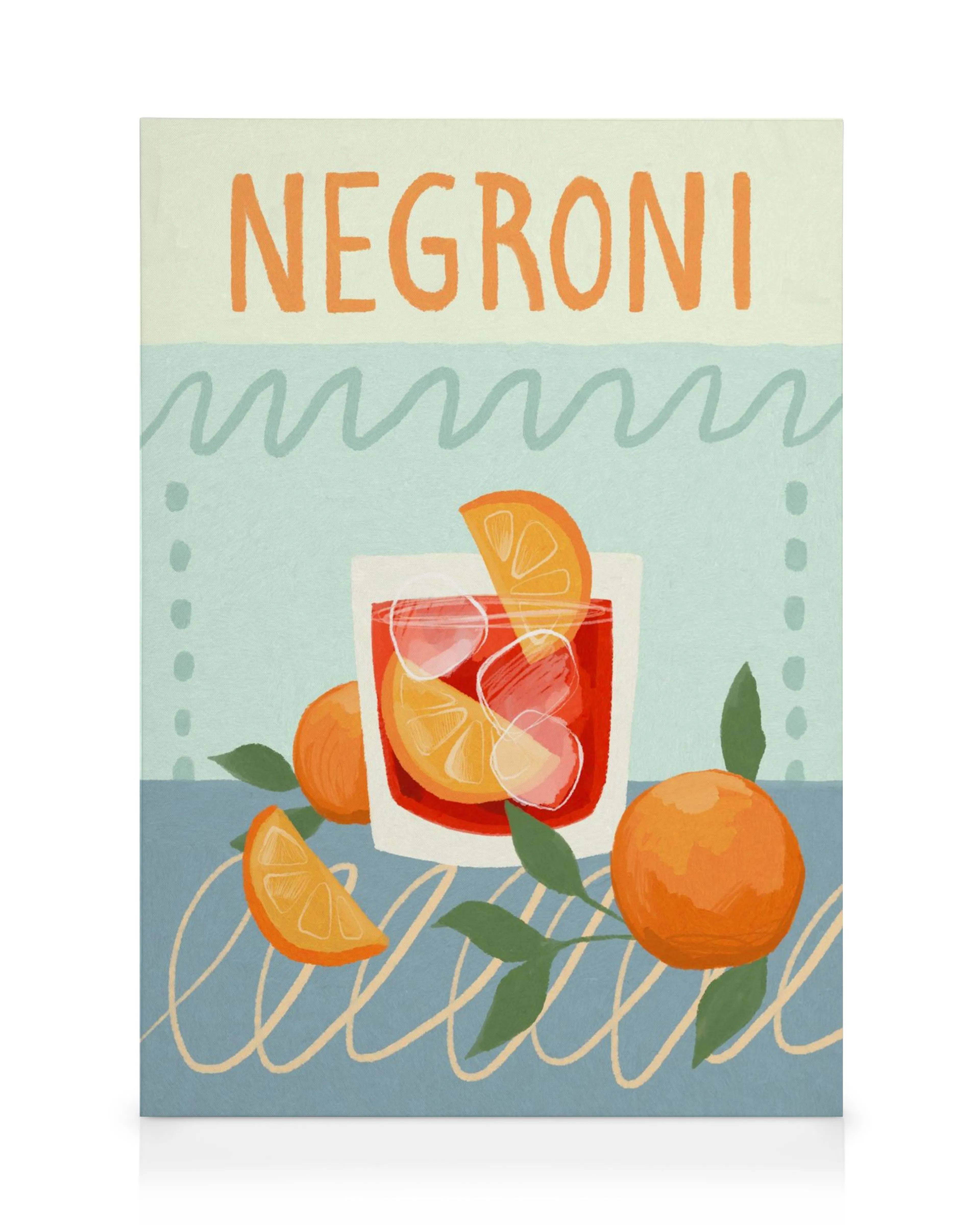 Stylized Negroni cocktail canvas print with oranges and ice, red drink, and NEGRONI text on a light blue background.