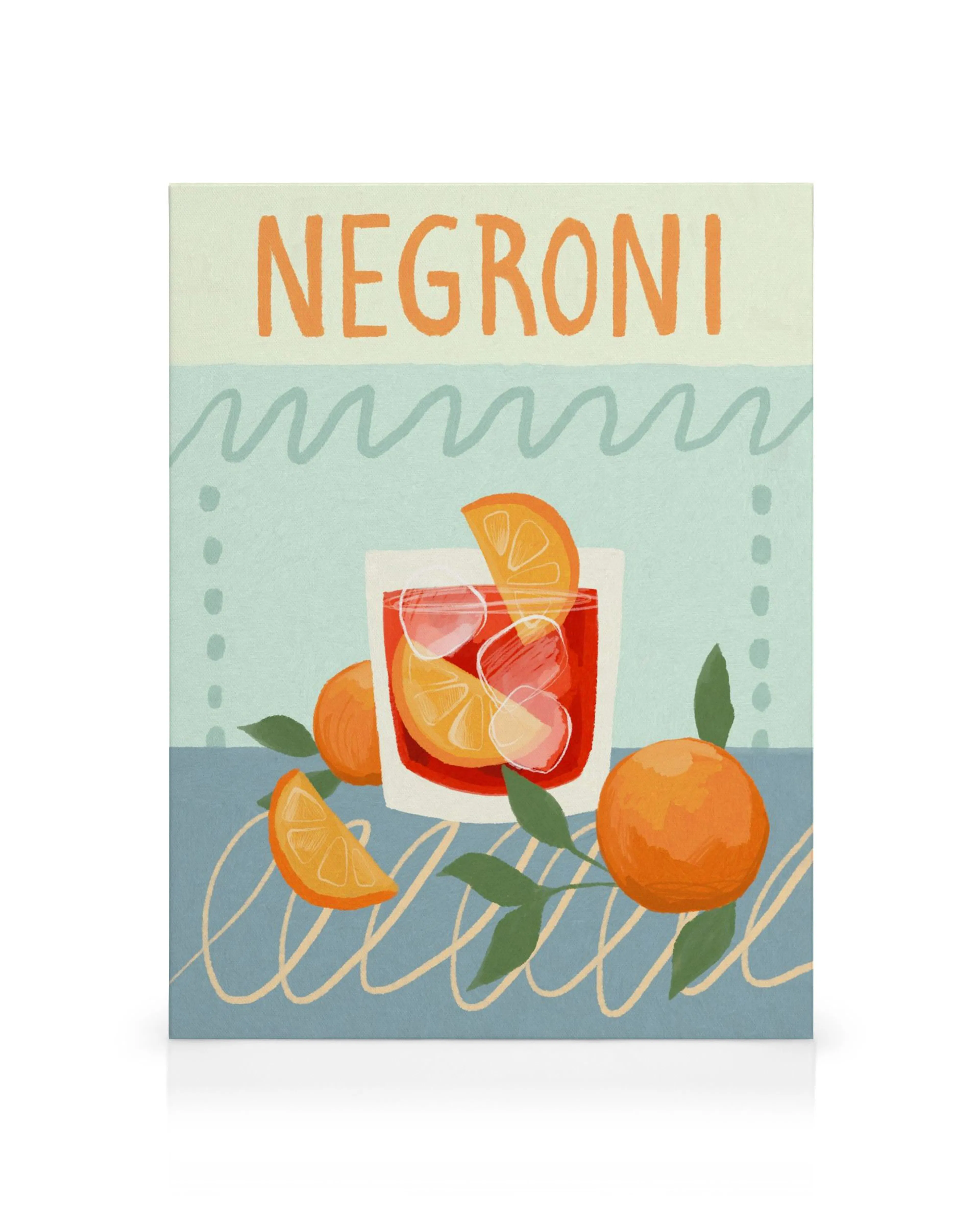 Negroni cocktail canvas met sinaasappels, ijsblokjes, en golvende lijnen op een beige en blauwe achtergrond.