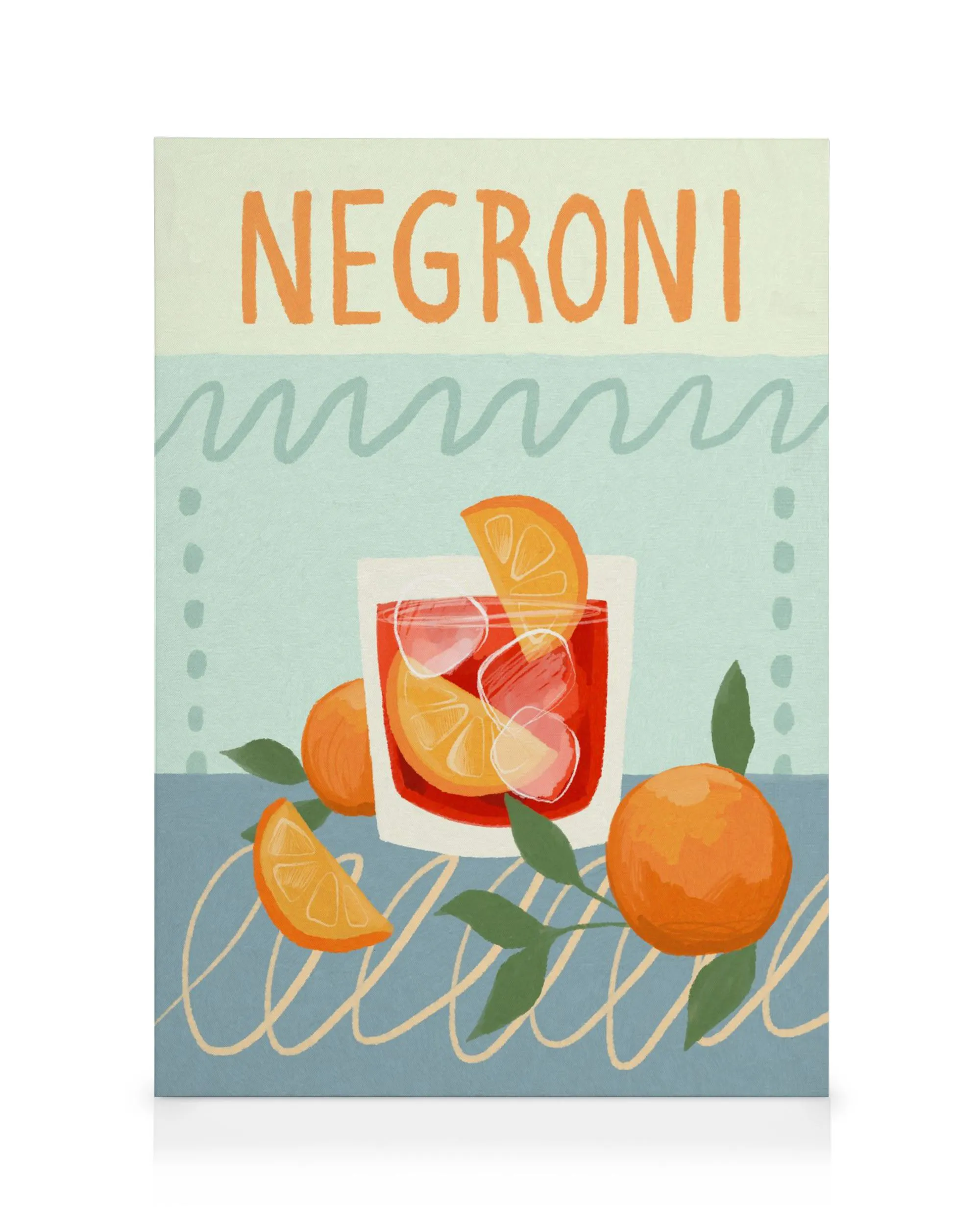 Obraz Negroni koktailu s pomarančmi a ľadom v modernom štýle, teplé oranžové a modré odtiene.