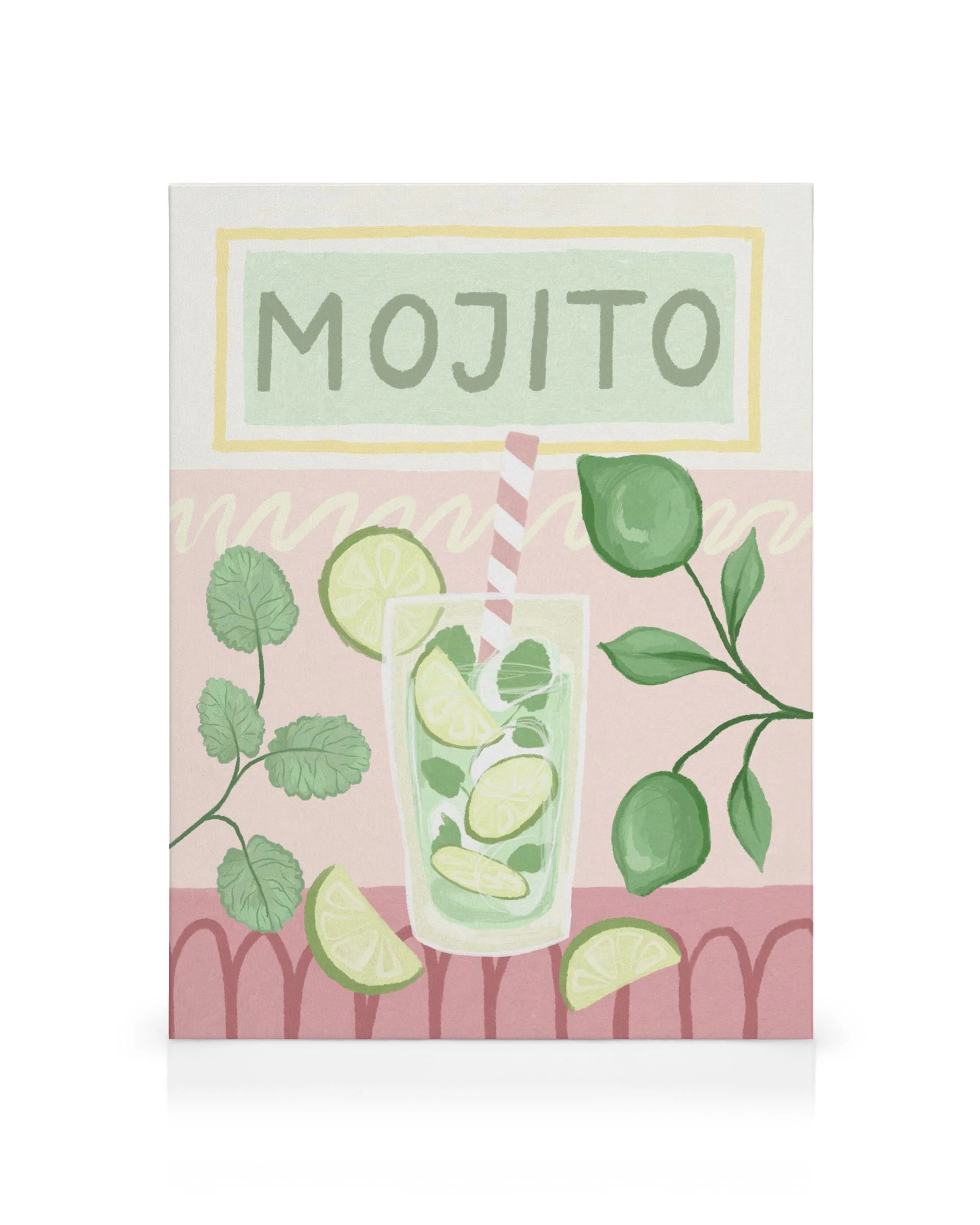 Konstverk av en mojito med lime, mynta och ett rosa-randigt sugrör på en ljusrosa bakgrund.